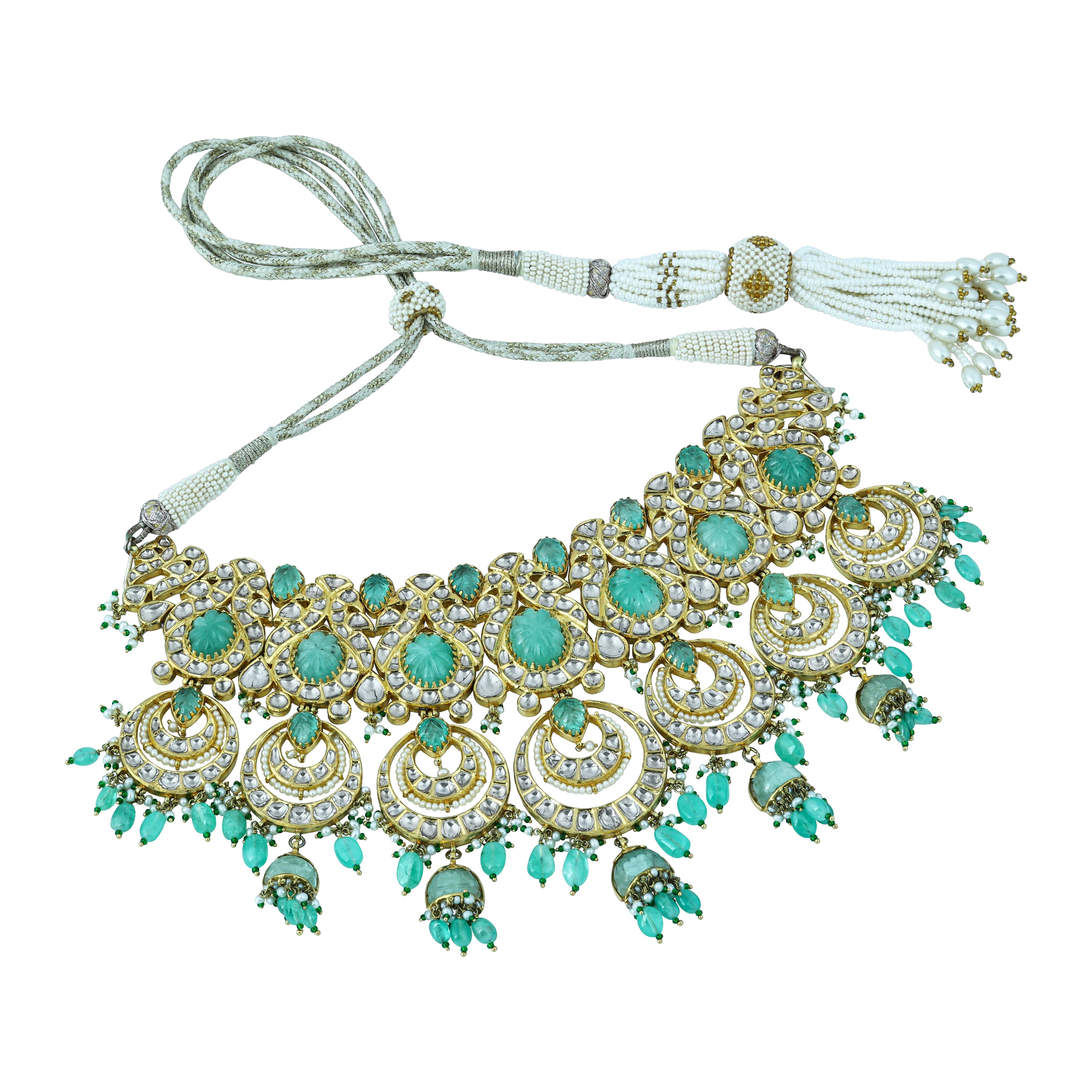 Chandbali Choker Set with Polki, Green Beads, and Drops