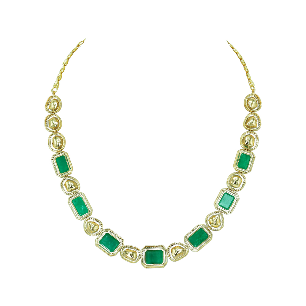 Carved Emerald and Polki Diamond Necklace with Alternating Pattern