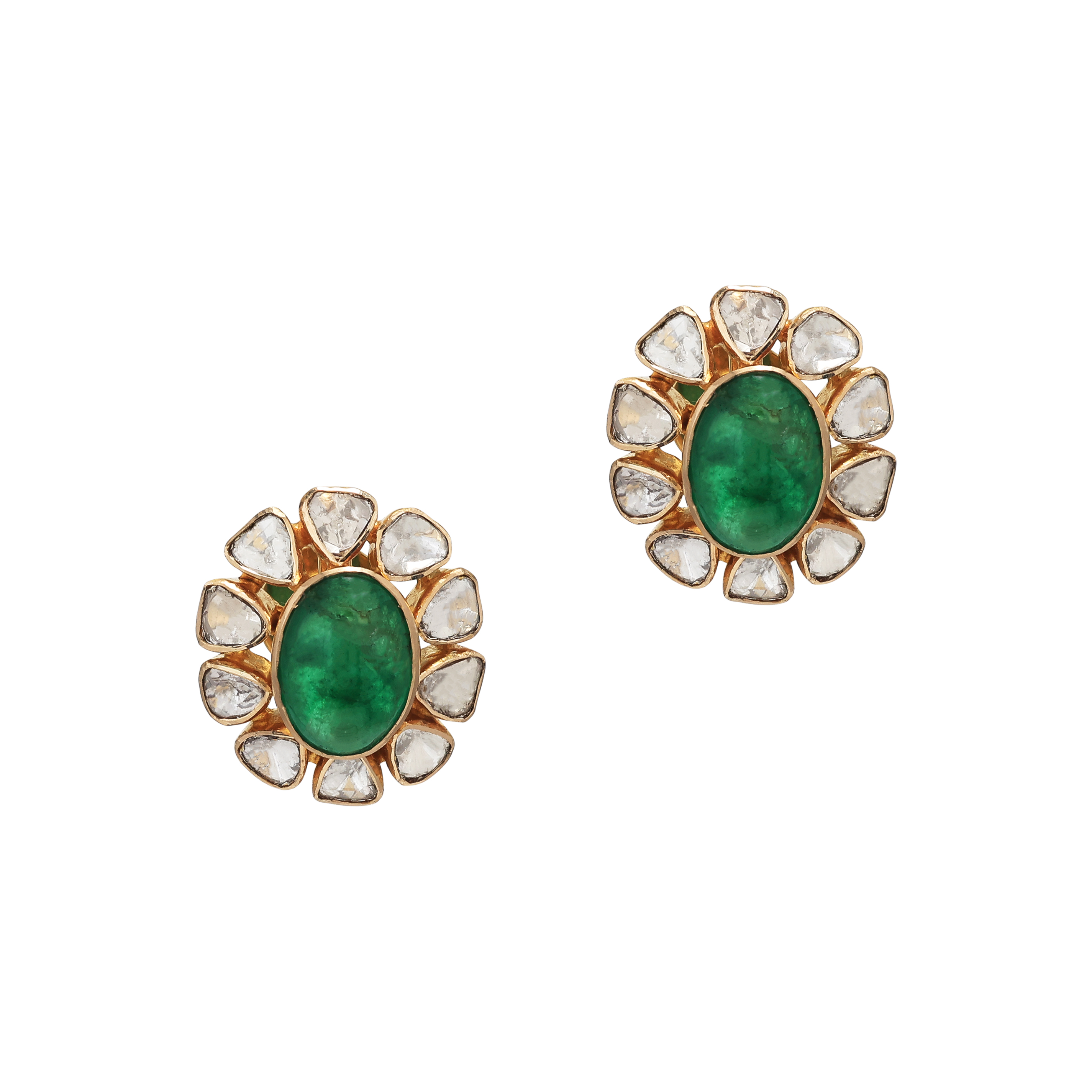 Emerald Cabochon Polki Necklace with Floral Stud