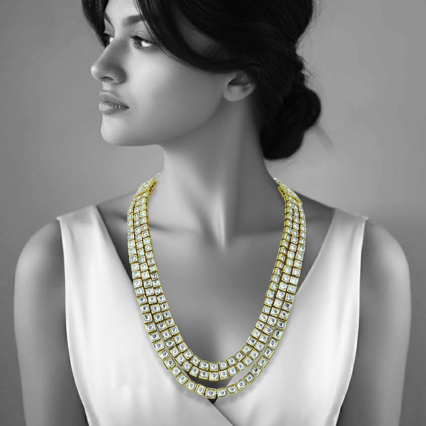 Triple-Layered Necklace with Geometric Polkis Elegance
