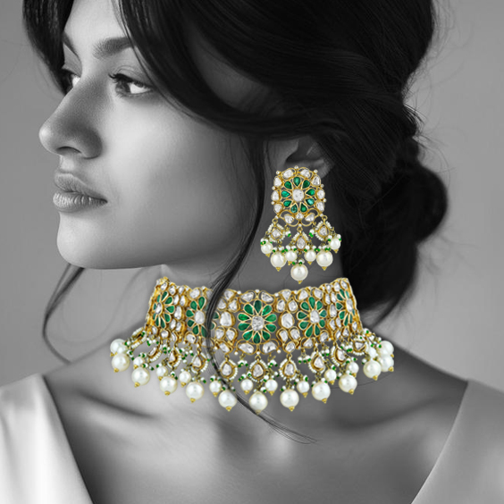 Floral Polki Choker Set with Emeralds and Pearl Drops