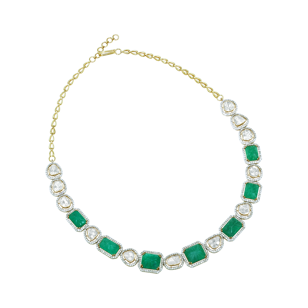 Carved Emerald and Polki Diamond Necklace with Alternating Pattern