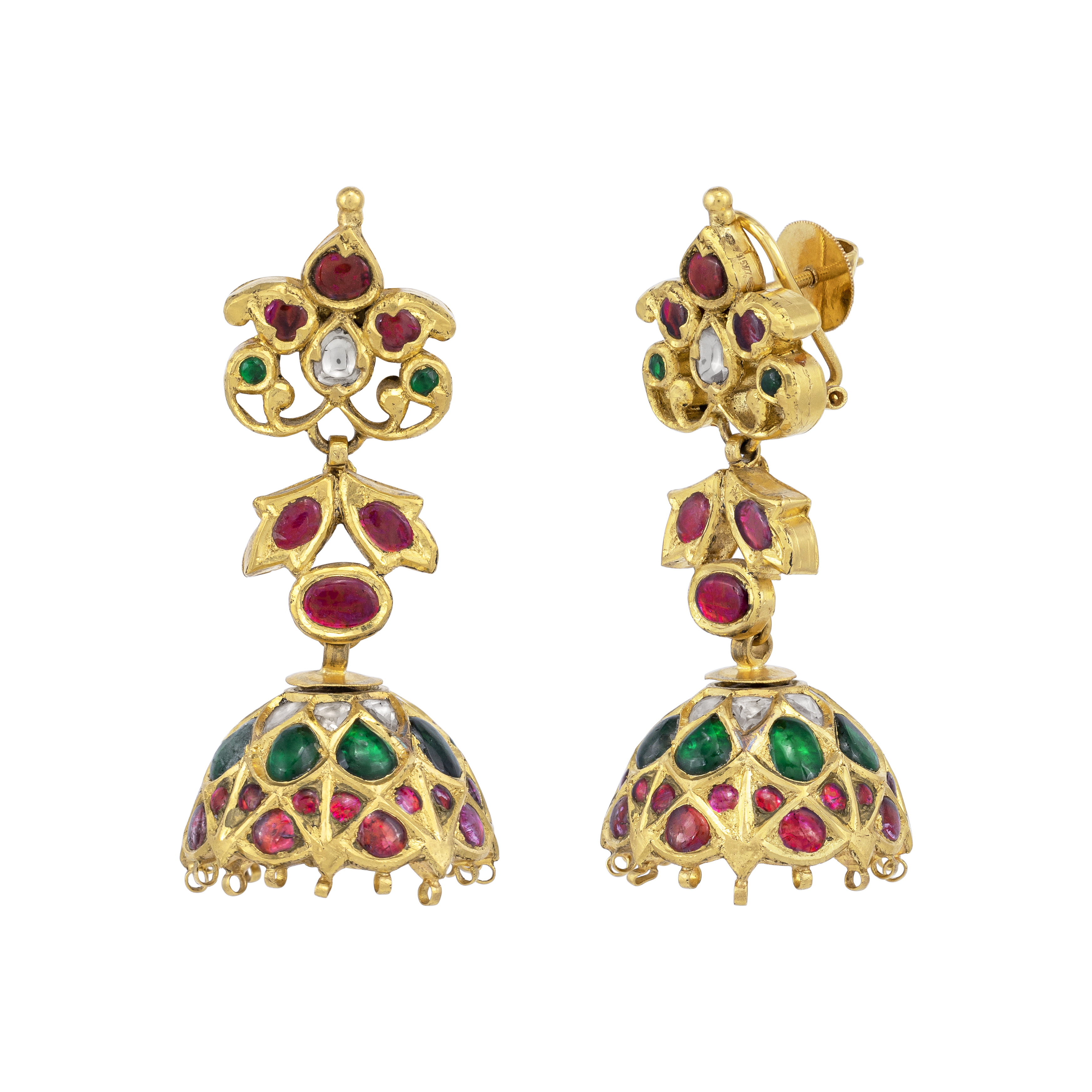 Yellow Gold Jhumkas with Emerald and Ruby