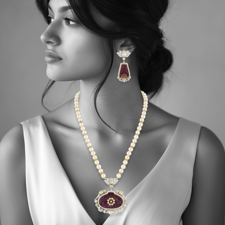 Carved Red Centerpiece Polki Pendant with Diamond Lotus & Pearls