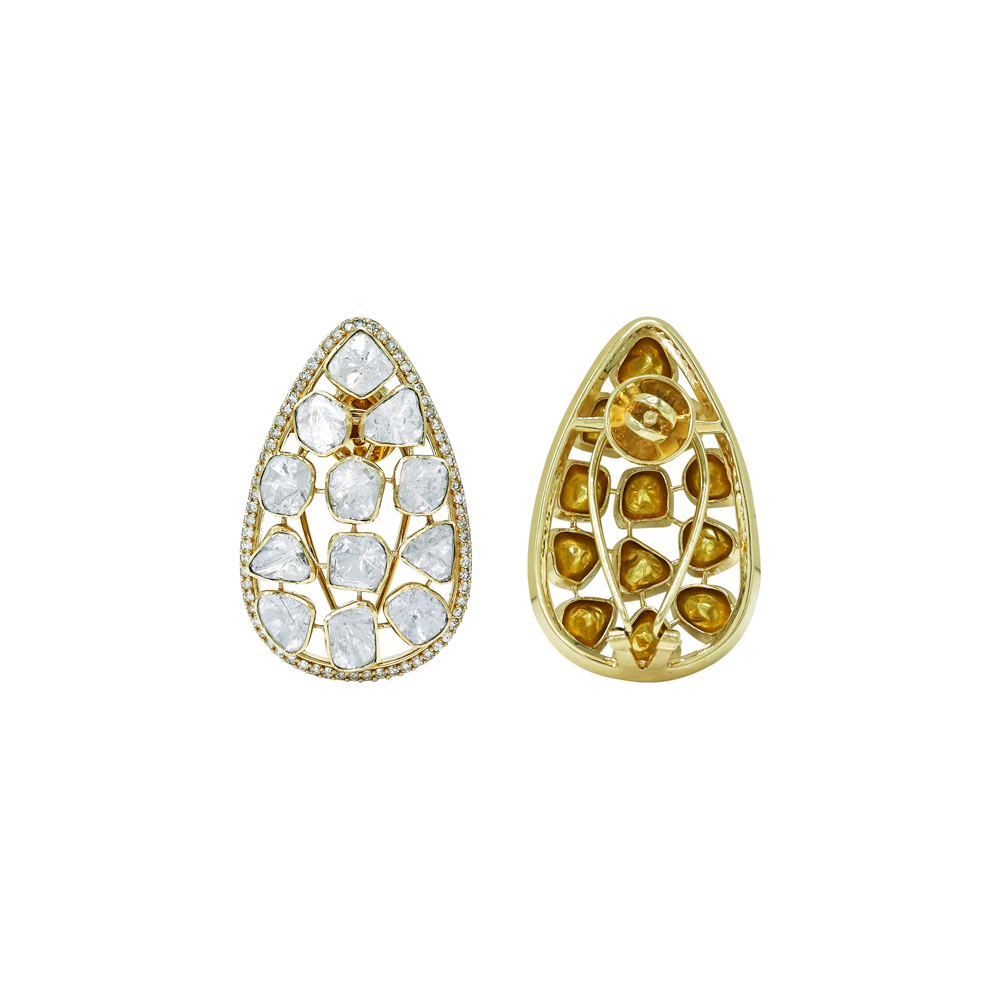 Teardrop Polki Earrings with Lattice Design and Diamond Border