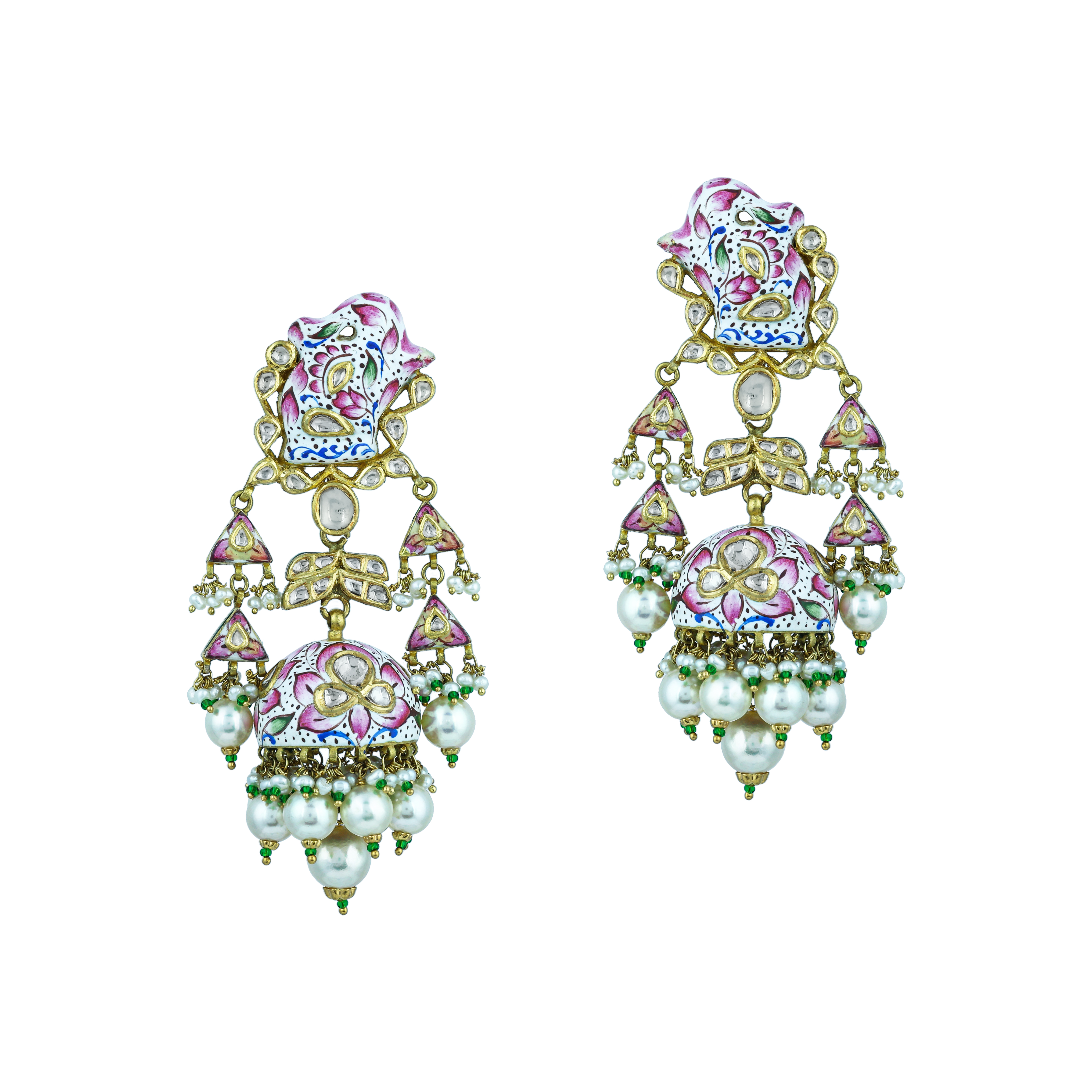 Pink White Meenakari Necklace Set with Uncut Diamond Polkis & Pearls