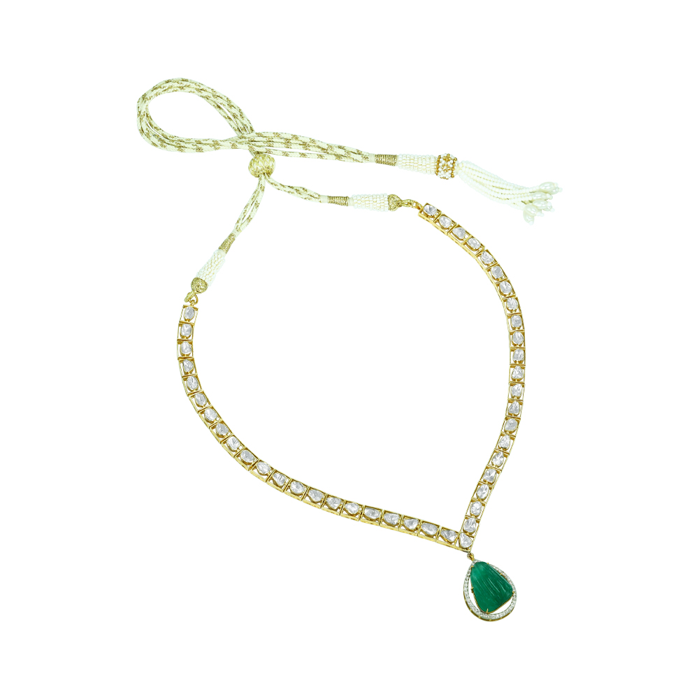 Polki Diamond Necklace with Open Setting and Emerald Teardrop Pendant