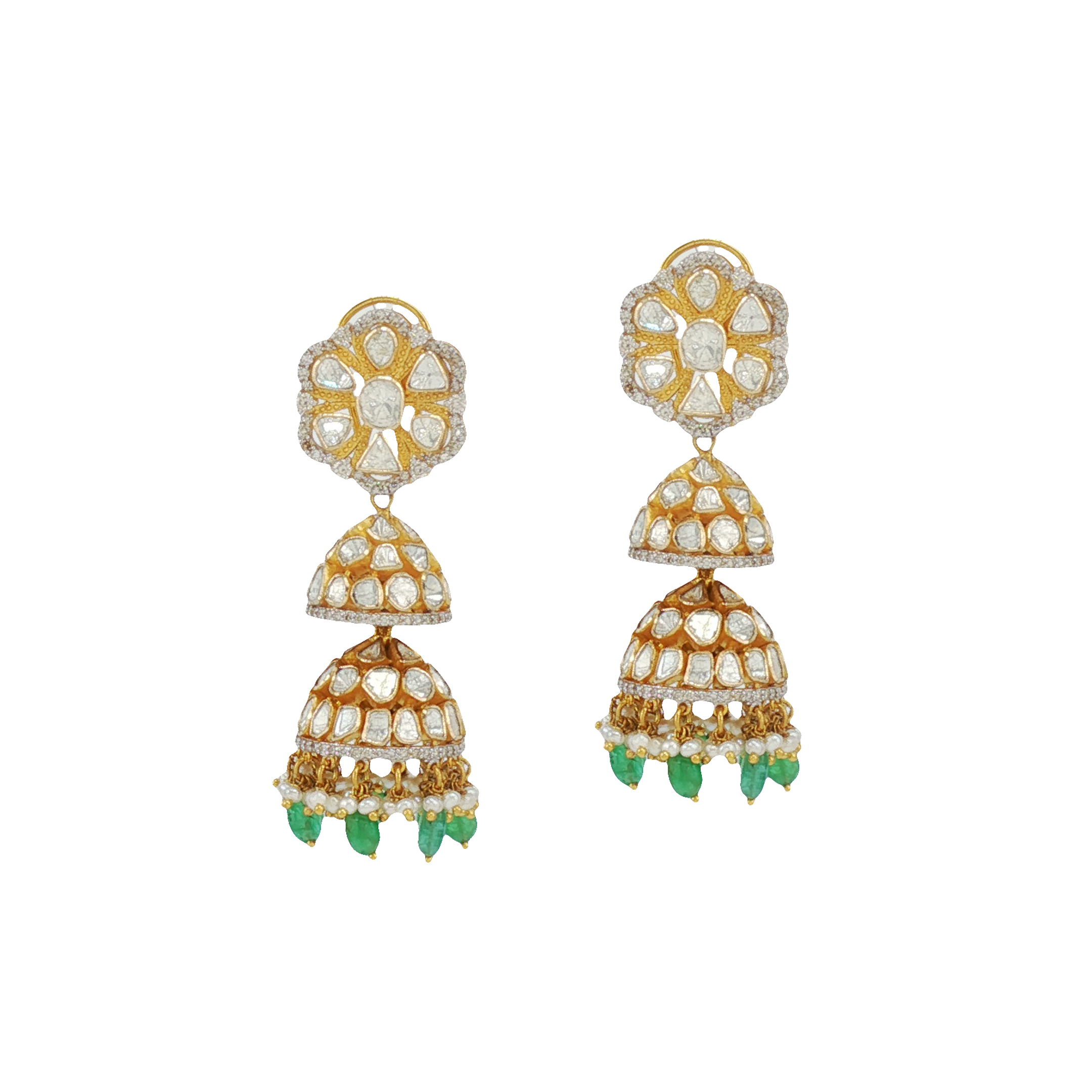 Tiered Polki Jhumkas with Emerald Drops