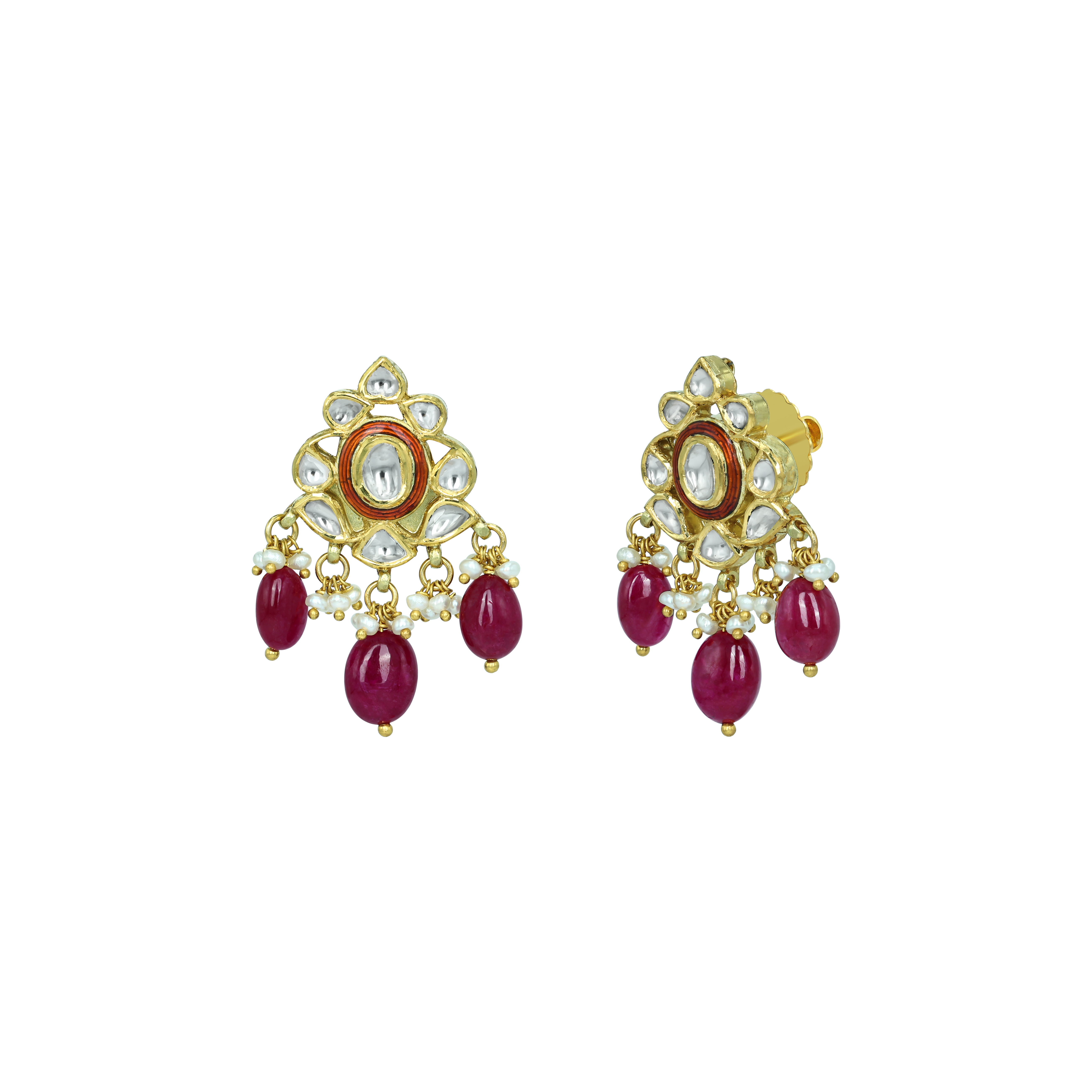 Polki Earrings with Red Enamel, Ruby Drops, and Pearls
