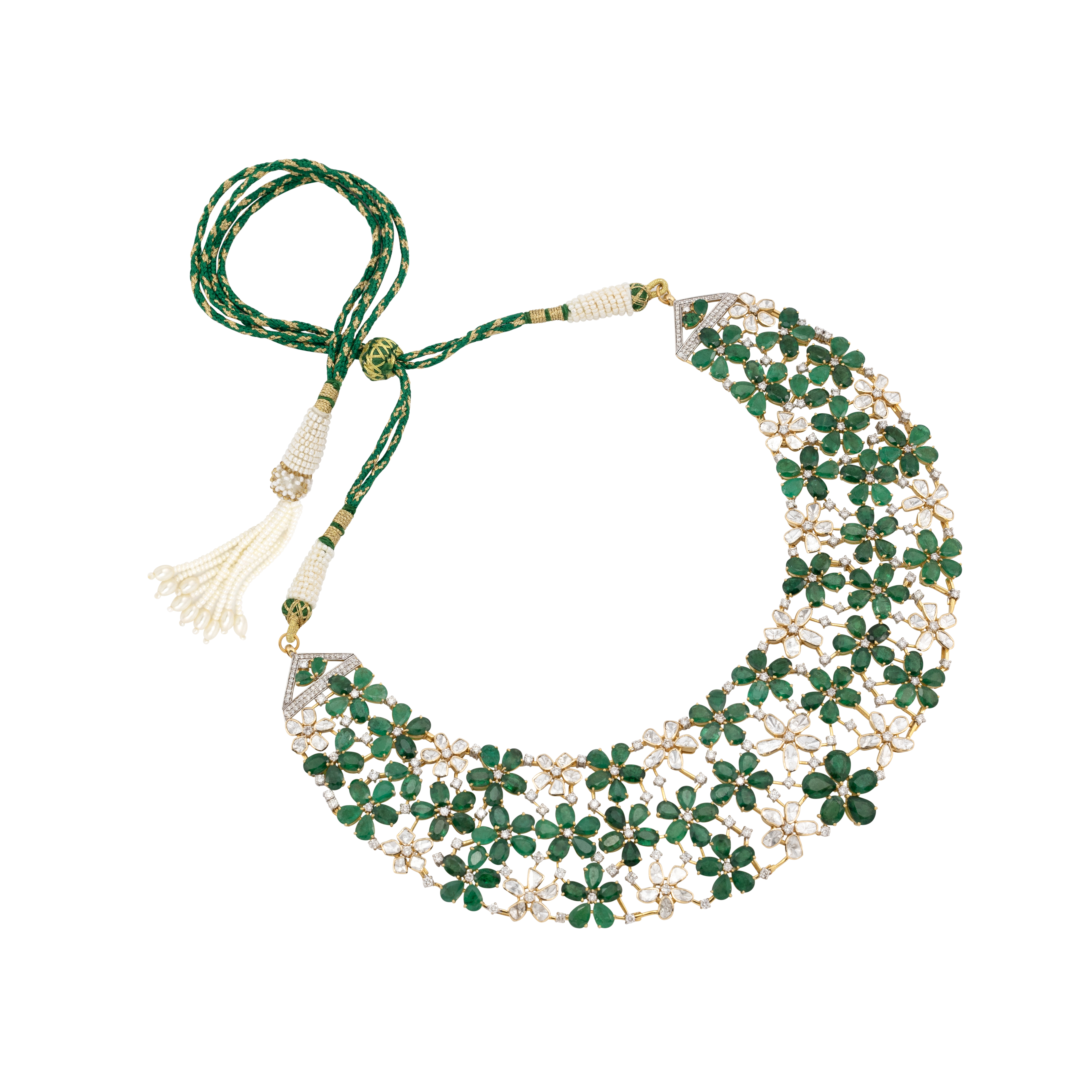 Floral Web Necklace with Emeralds and Polki Detailing