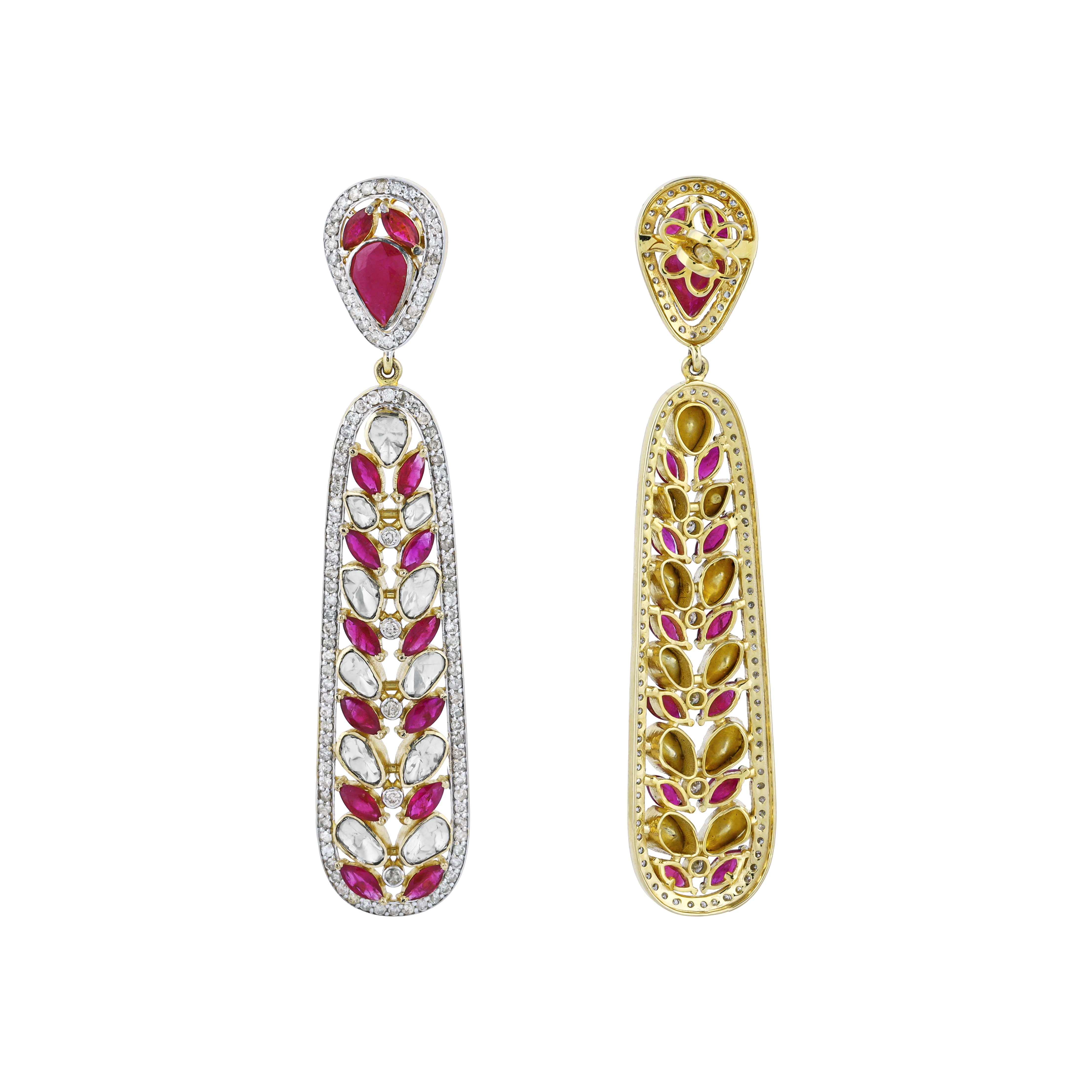 Leaf Pattern Polki Earrings with Red Cut Stone and Diamond Border
