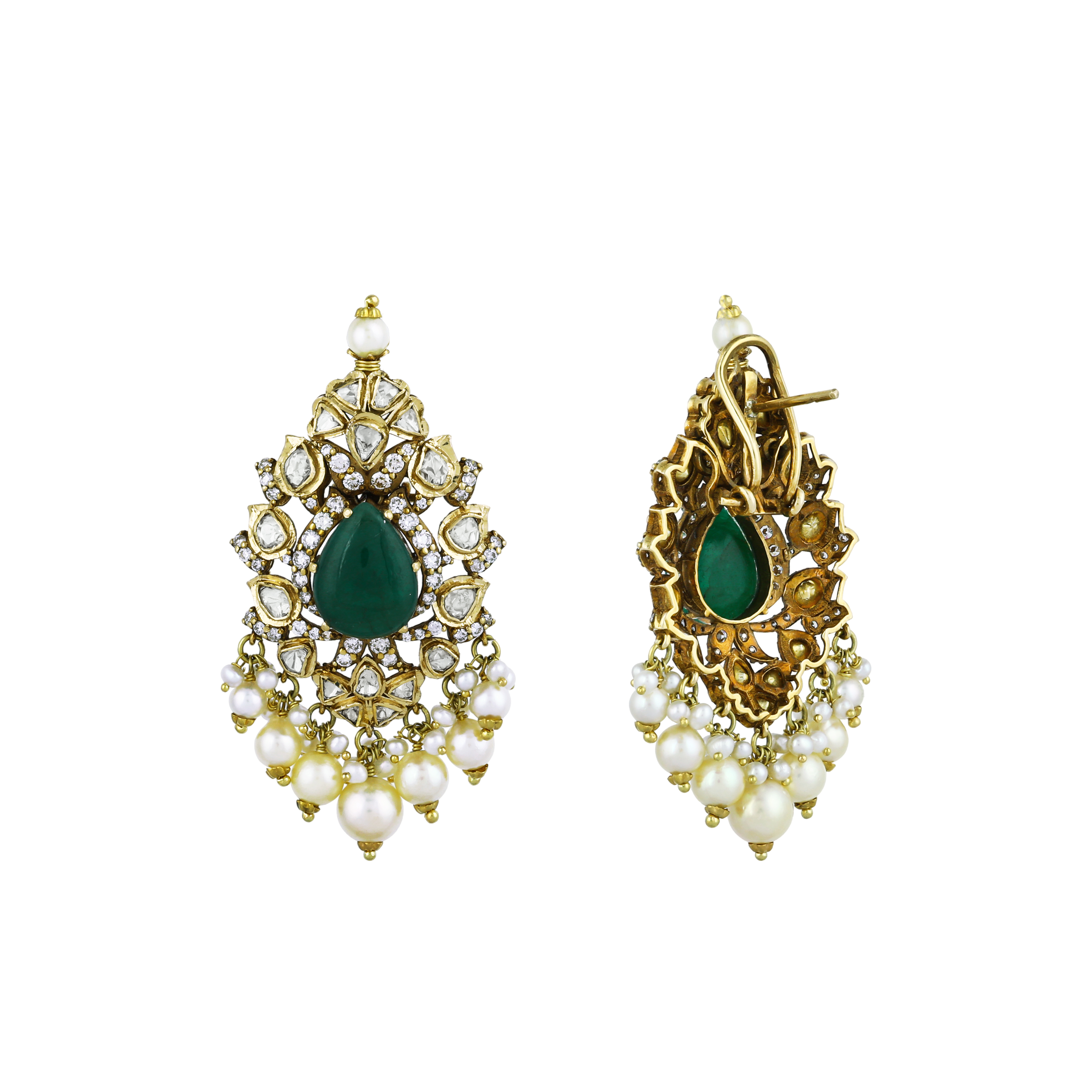 Emerald Drop Cabochon Choker Set with Polki Diamonds and Pearls