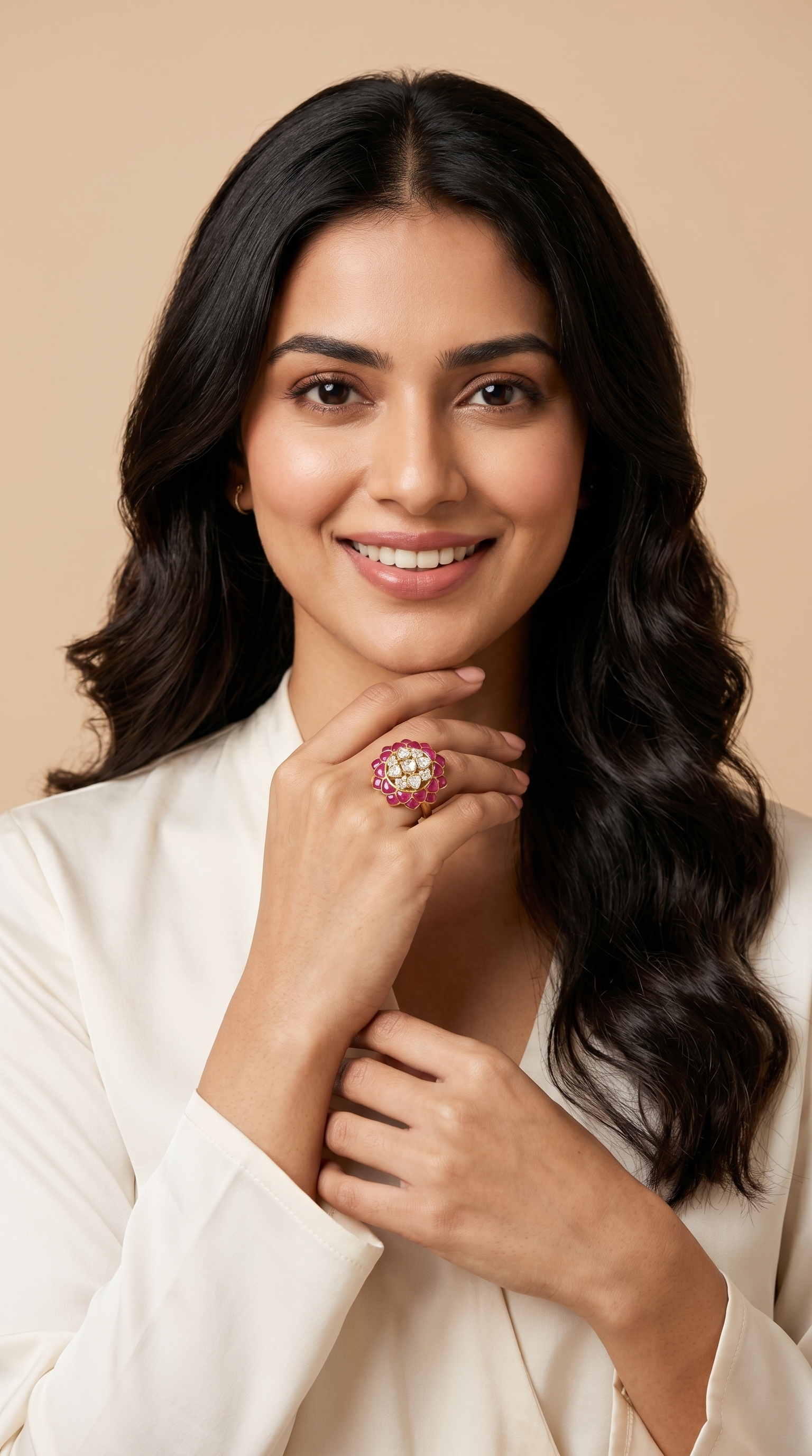 Floral Polki Ring with Pink Talaf and Diamond Polki