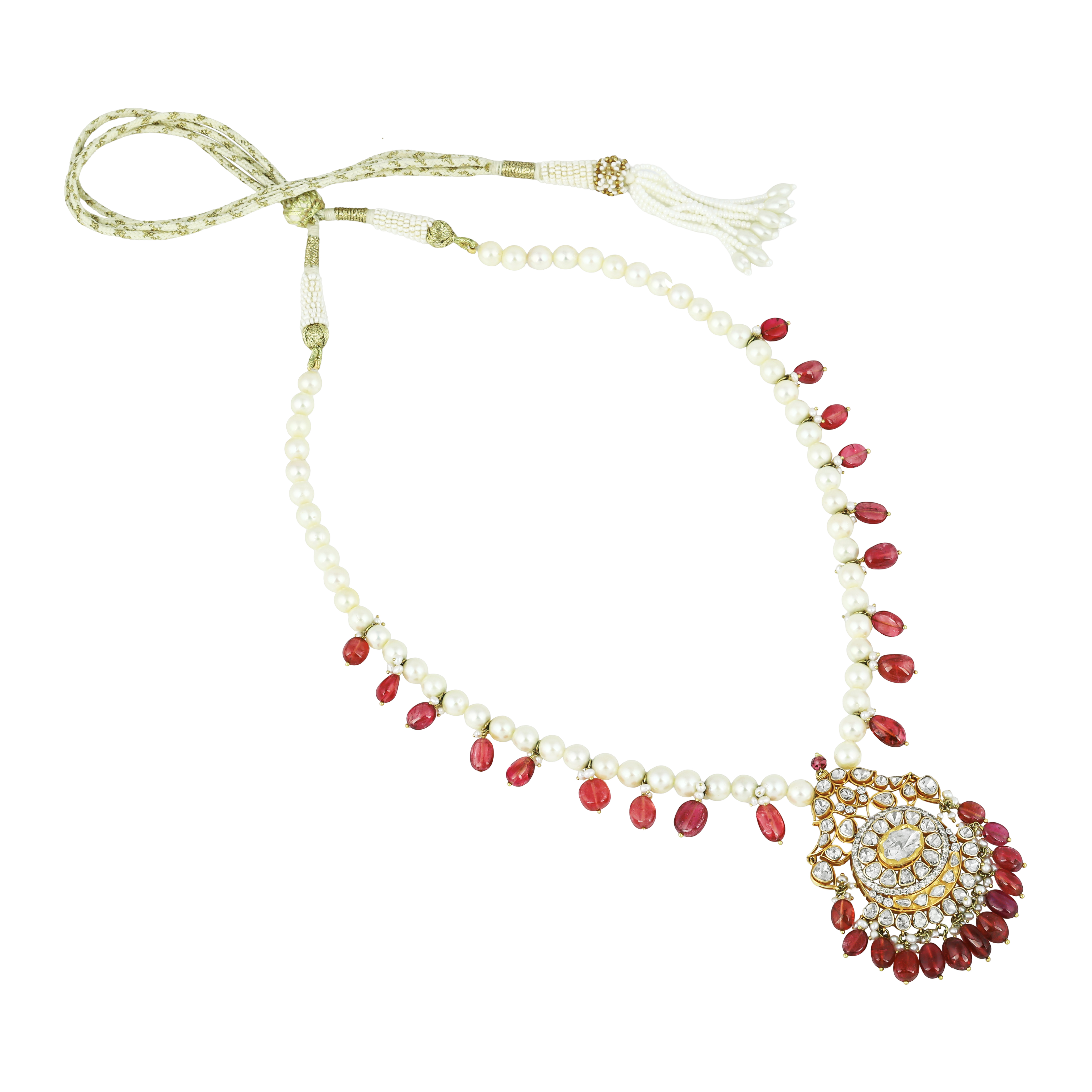 Pearl Necklace with Tourmalines & Uncut Diamond Pendant