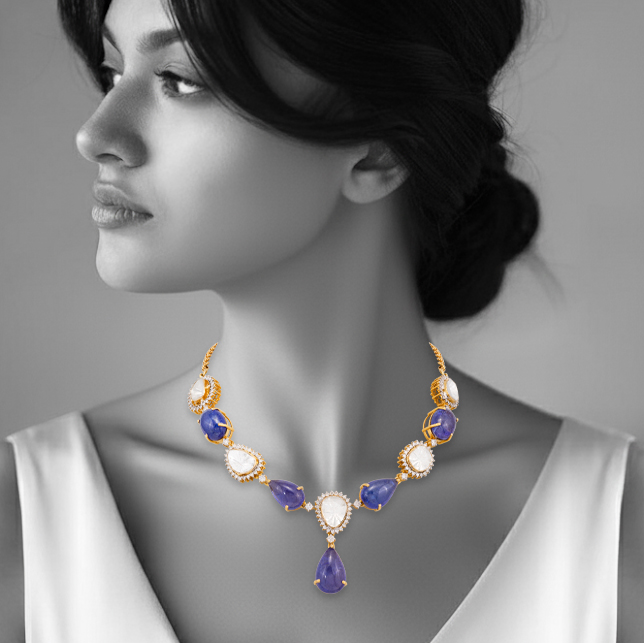 Tanzanite Pear Drops with Polki Diamond Necklace