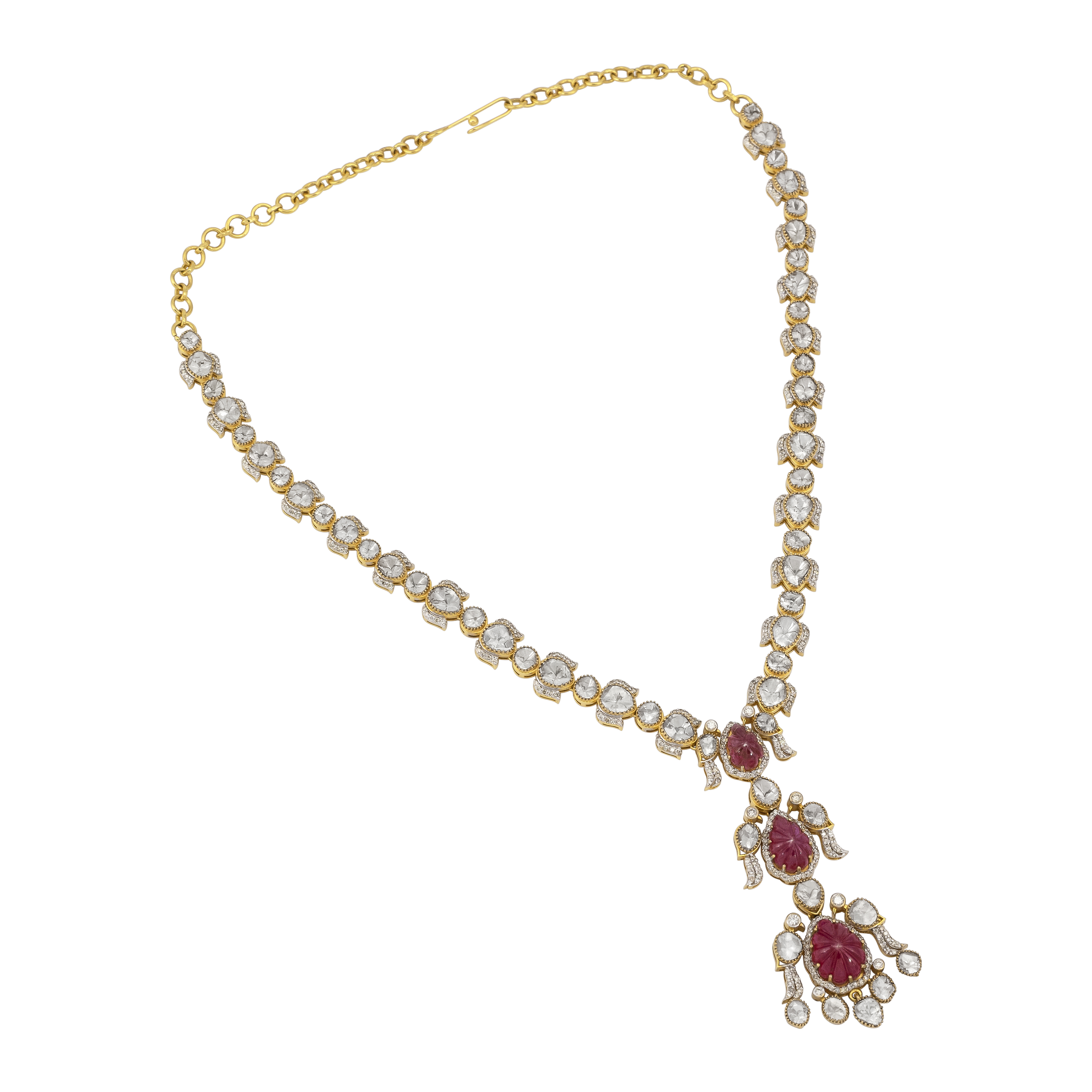 Carved Ruby Pendant Necklace with Polki Diamonds