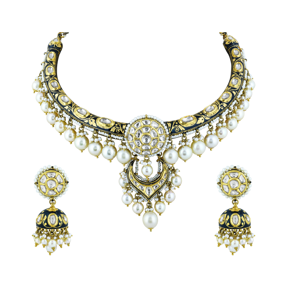 Hasli Polki Necklace Set with Black Enamel and Pearls