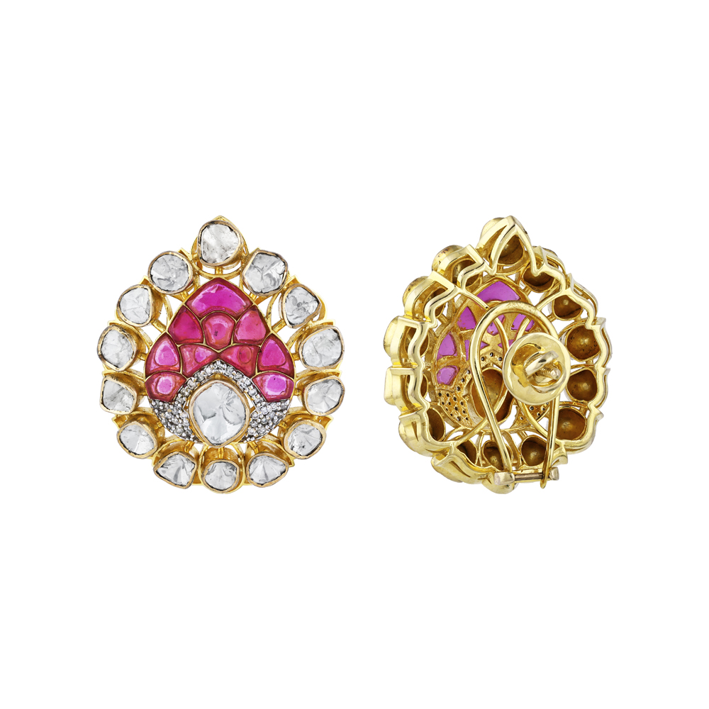 Teardrop Earrings with Uncut Diamonds and Pink Talaf