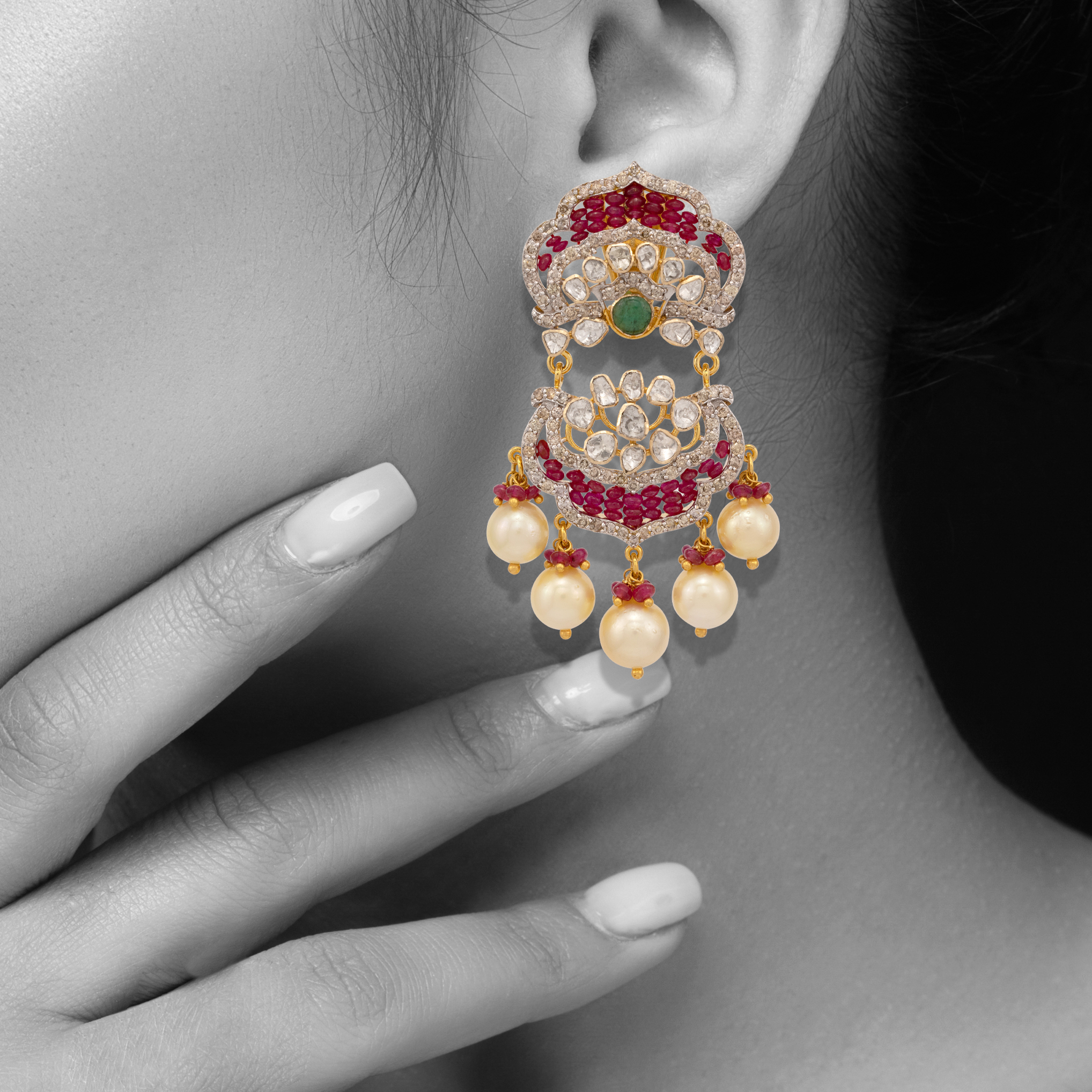 Polki and Ruby Earrings with Emerald and Pearl Drops