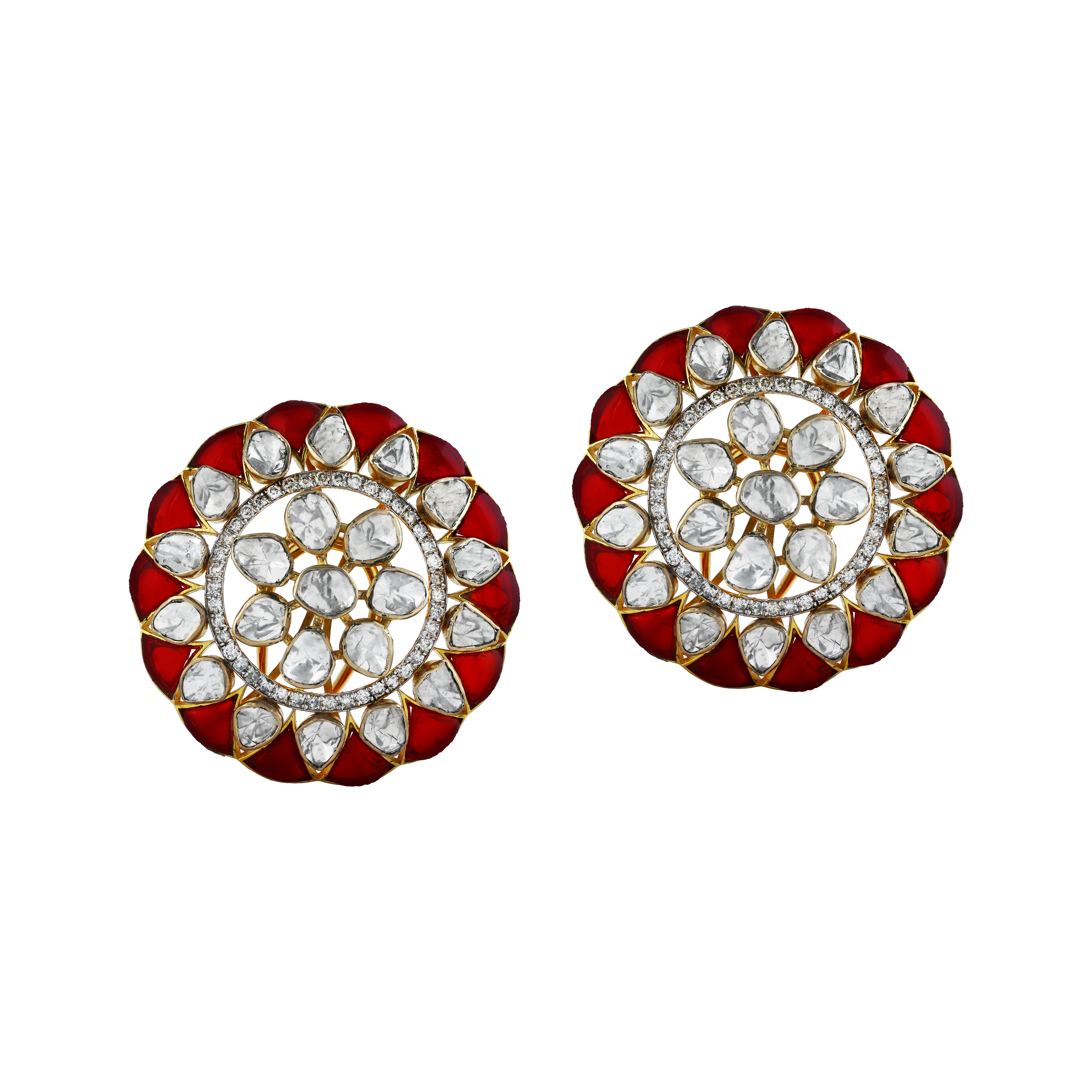 Round Polki Earrings with Red Talaf and Diamonds