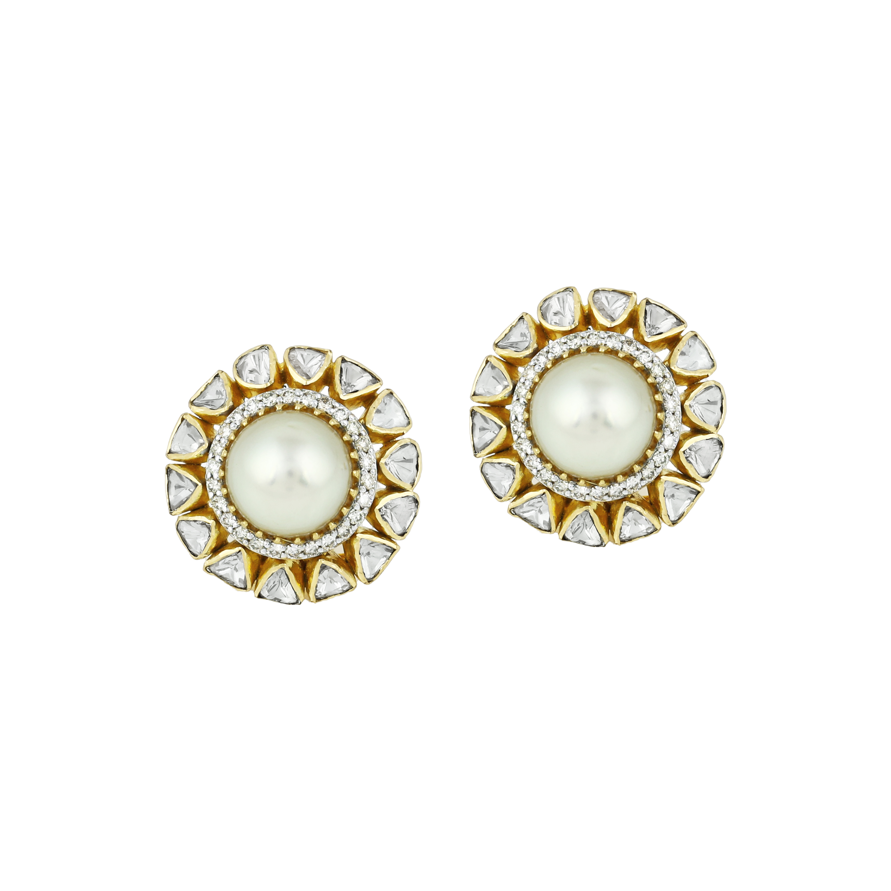 Pearl Stud Earrings with Polki Diamond Circular Halos