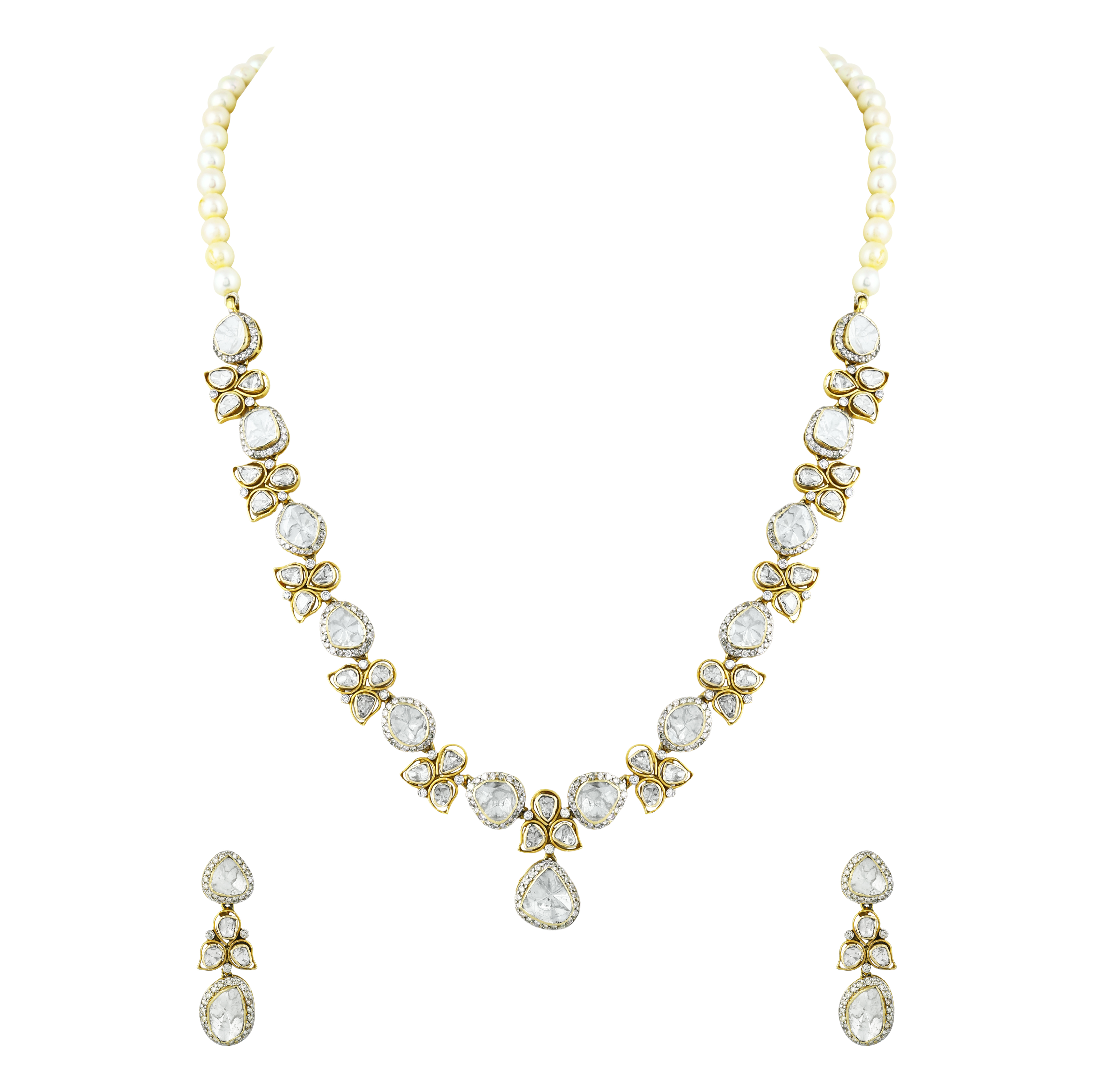 Floral Polki Necklace Set with Pearls and Matching Earrings