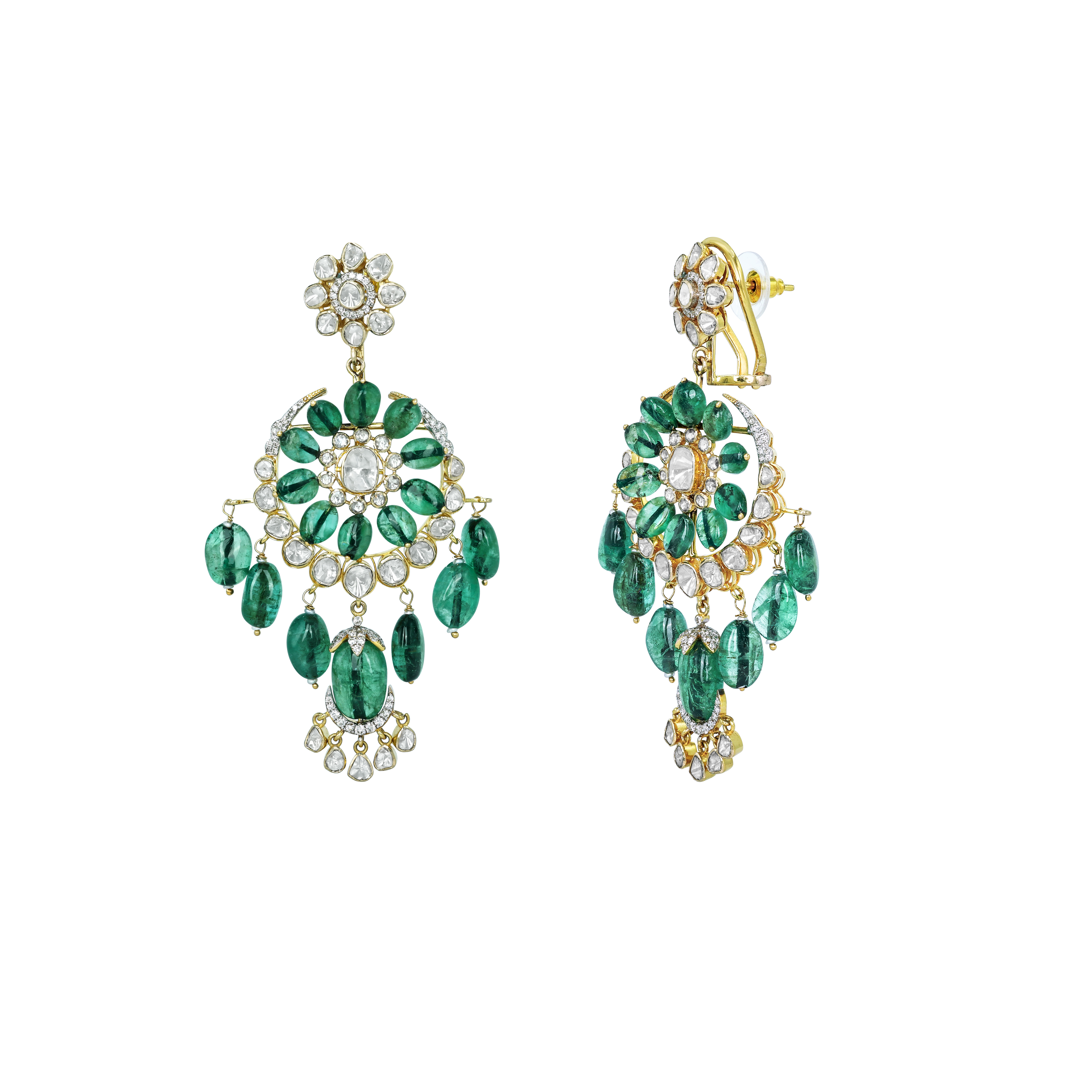 Chandelier Polki Earrings with Emerald Tumble and Floral Motif
