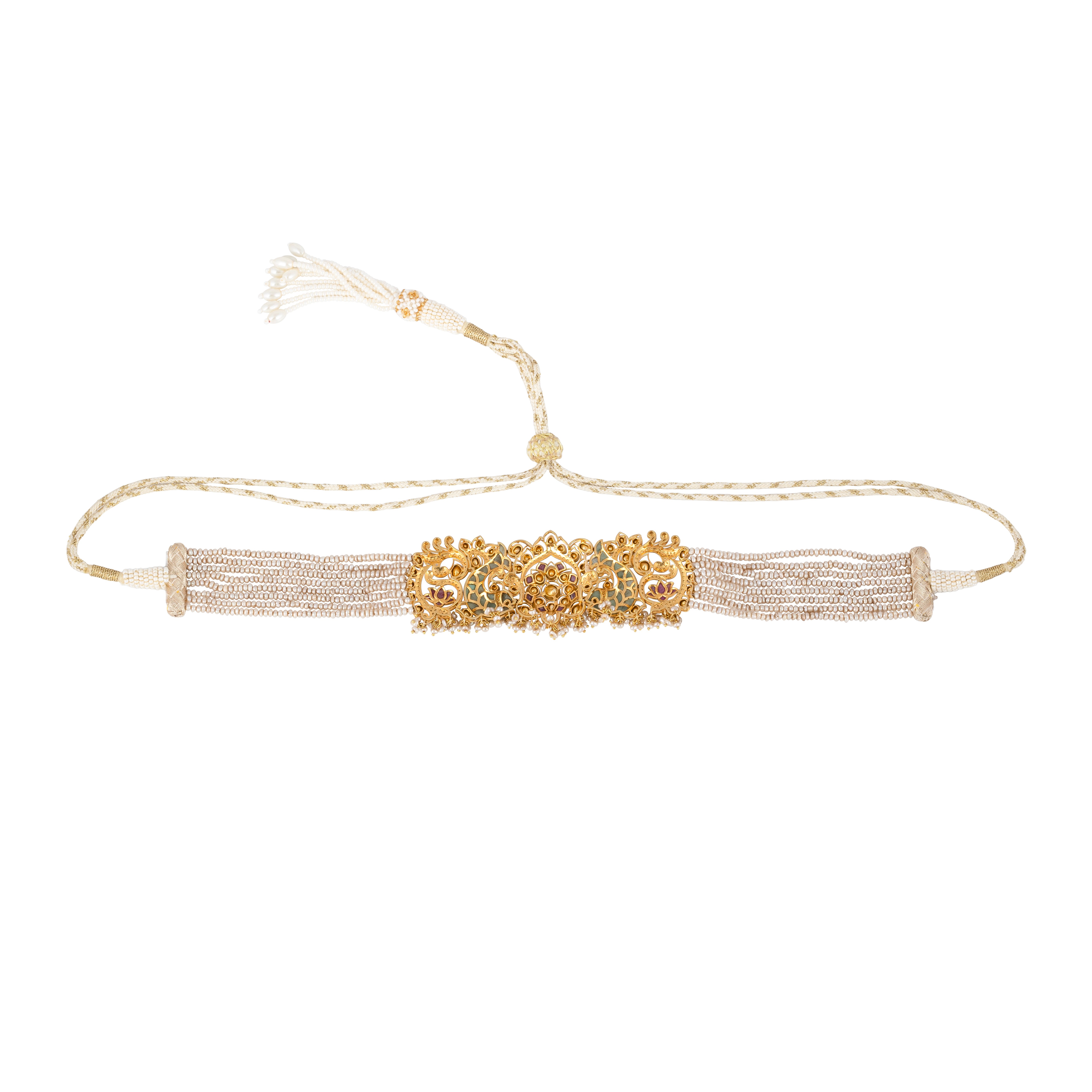 Floral Polki Diamond Choker Set with Green Talaf & Fish Motifs