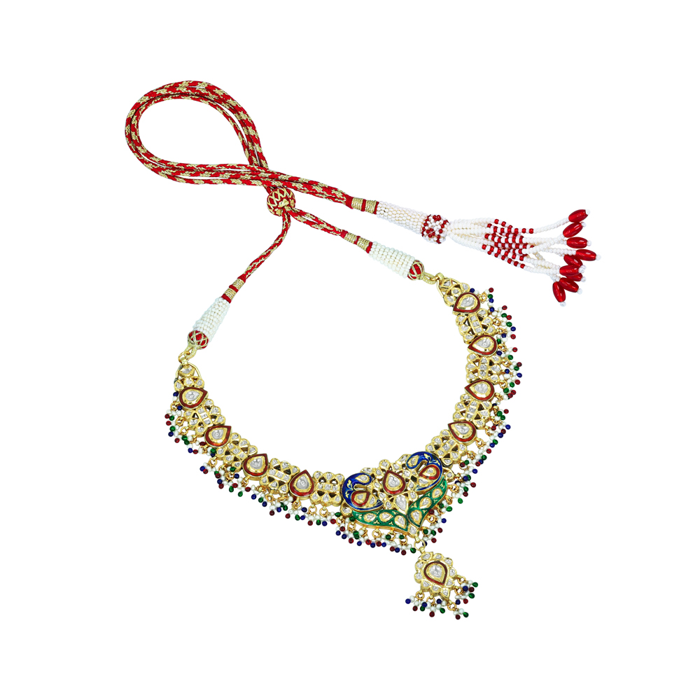 Polki Necklace with Enamel Peacock Motifs and Beads