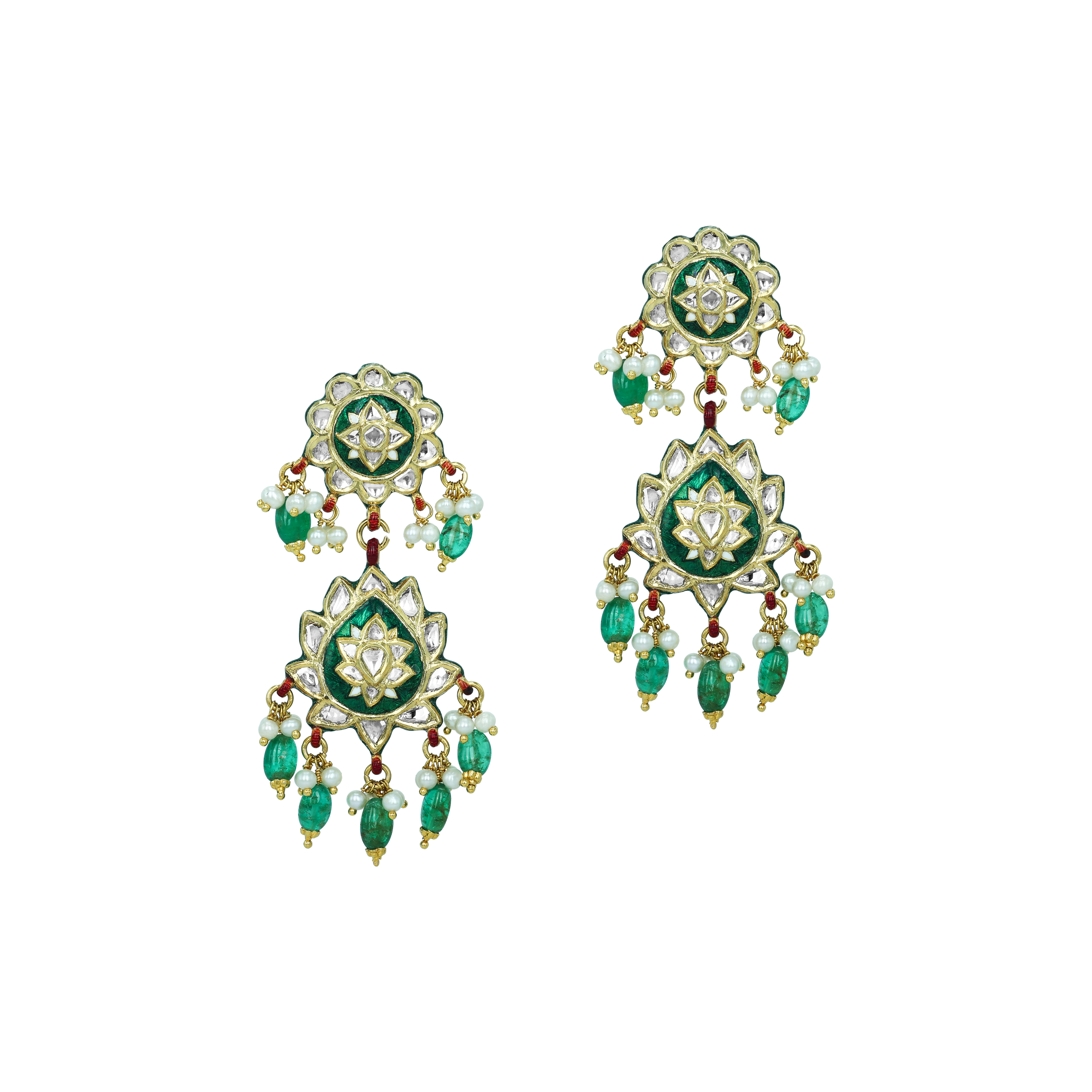 Polki Earrings with Emerald Drops and Green Enamel