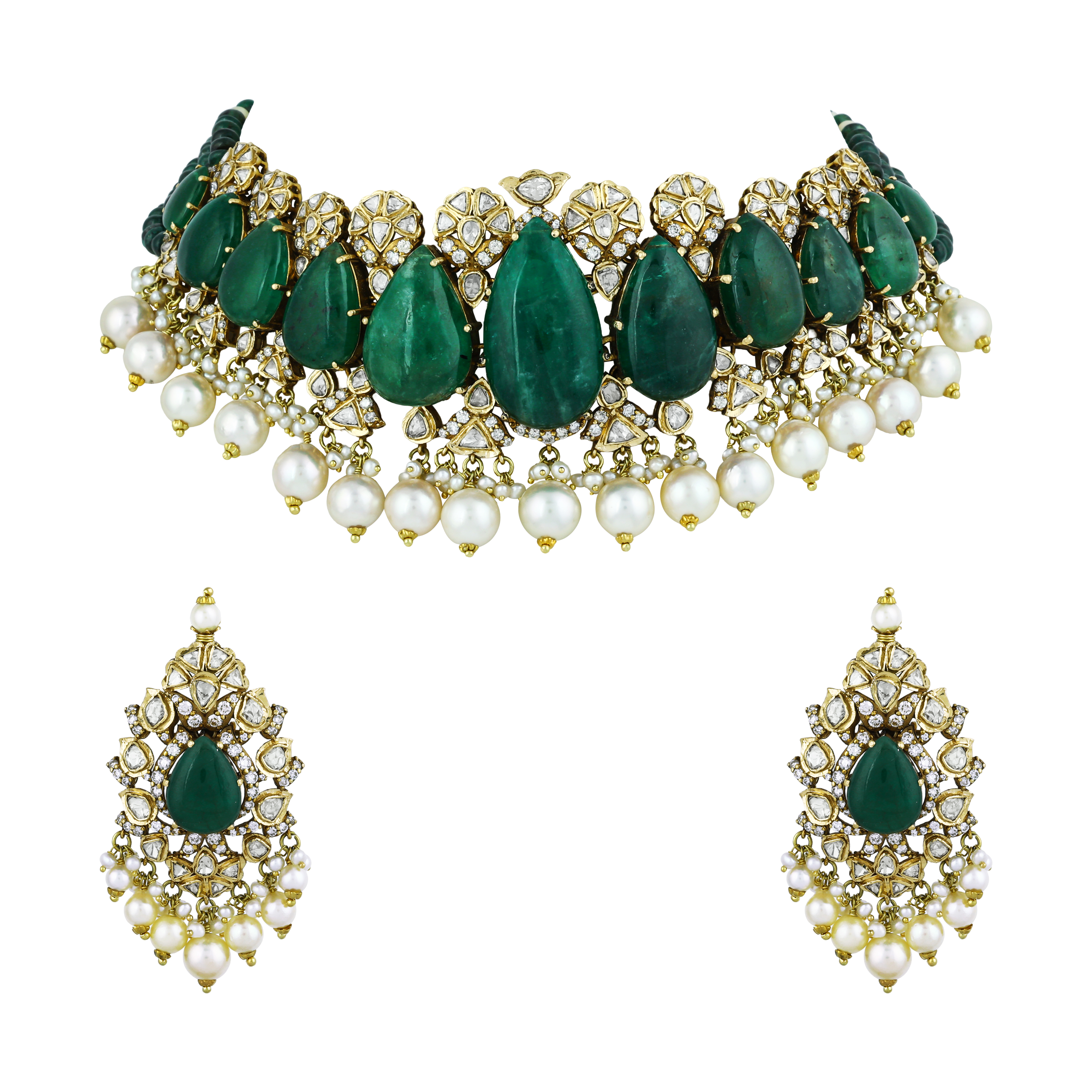 Emerald Drop Cabochon Choker Set with Polki Diamonds and Pearls
