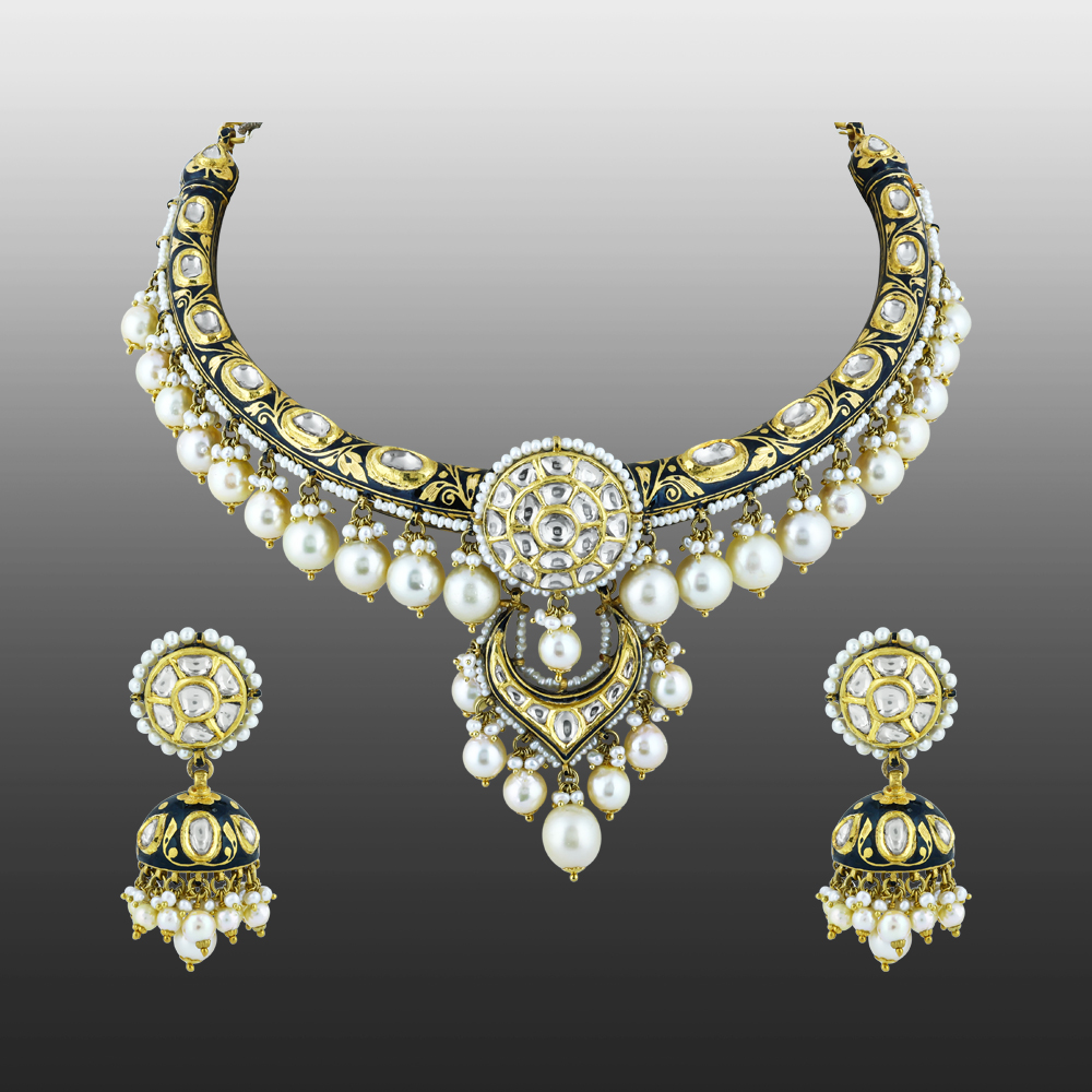 Hasli Polki Necklace Set with Black Enamel and Pearls