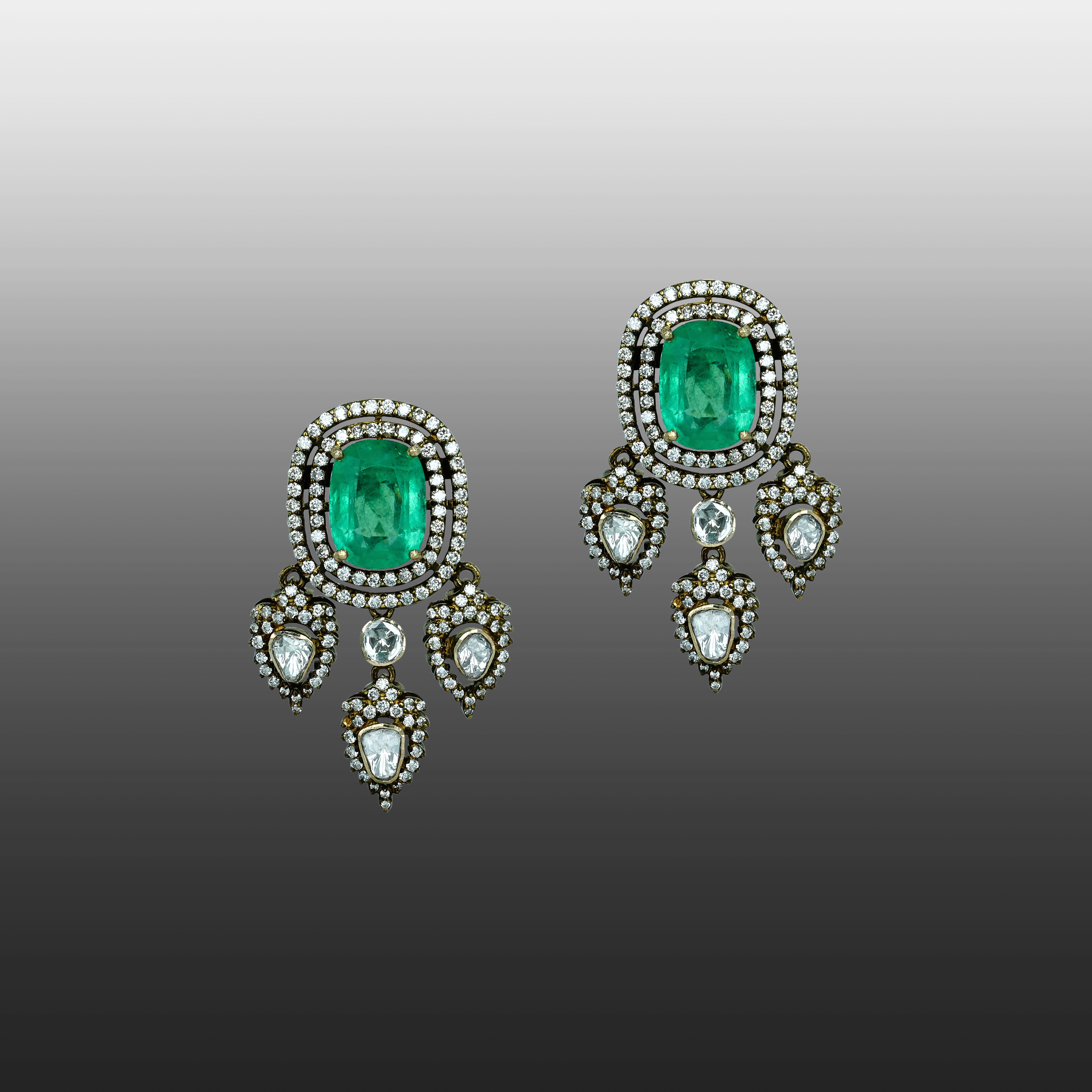 Antique Emerald Necklace Set with Diamond Halos and Teardrops