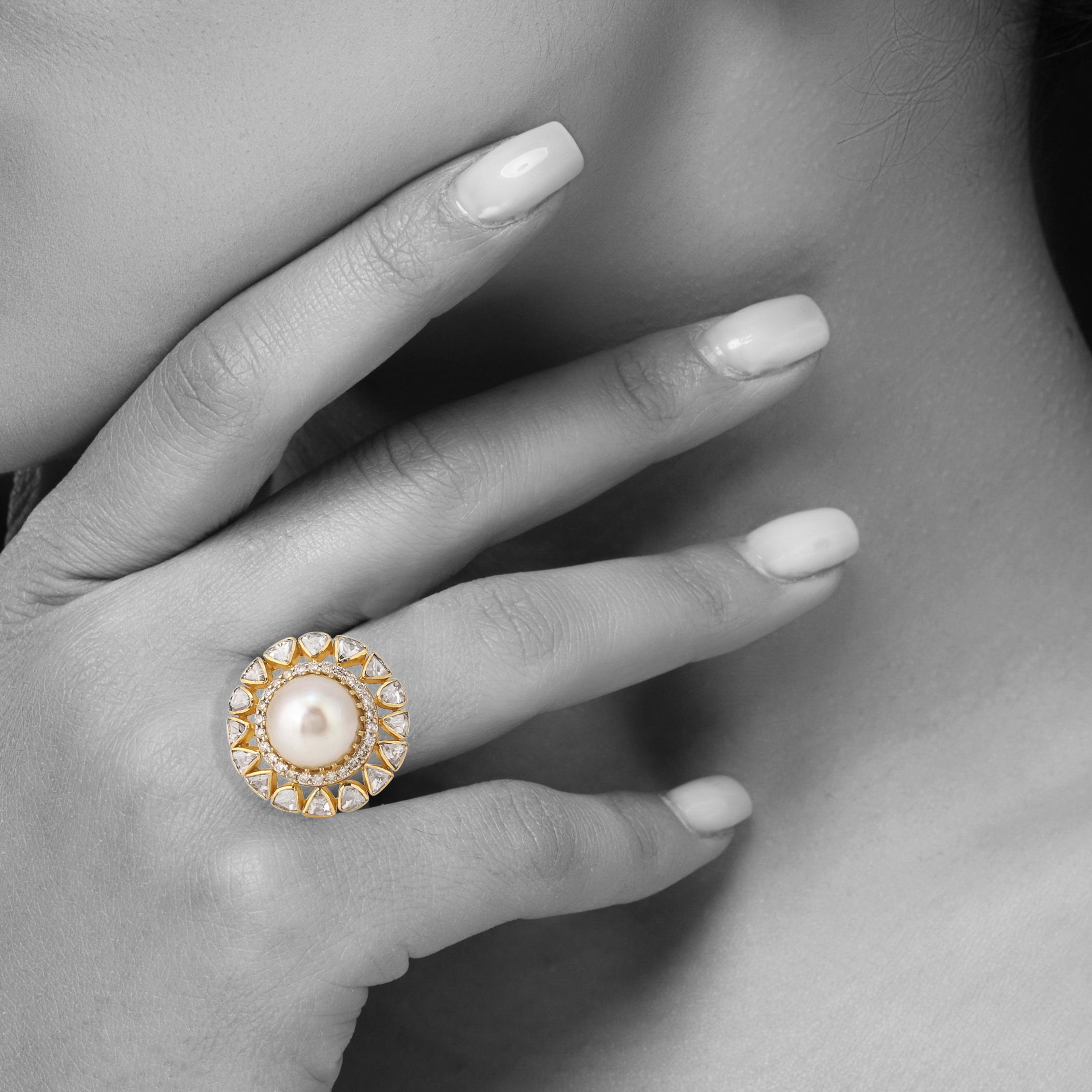 Pearl Ring with Polki and Full-Cut Diamond Halo