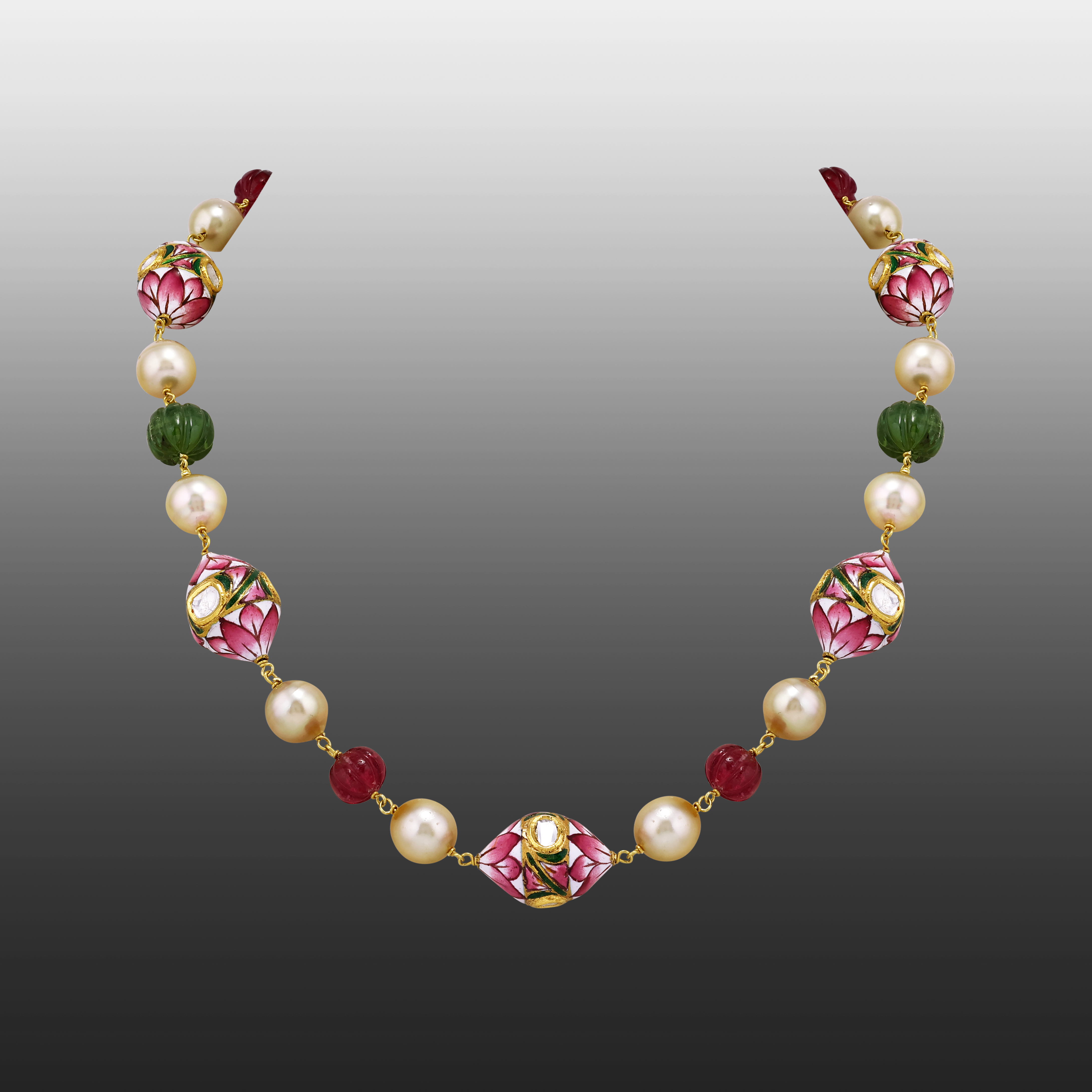 Lotus Enamel Necklace with Polki, Pearls and Carved Beads