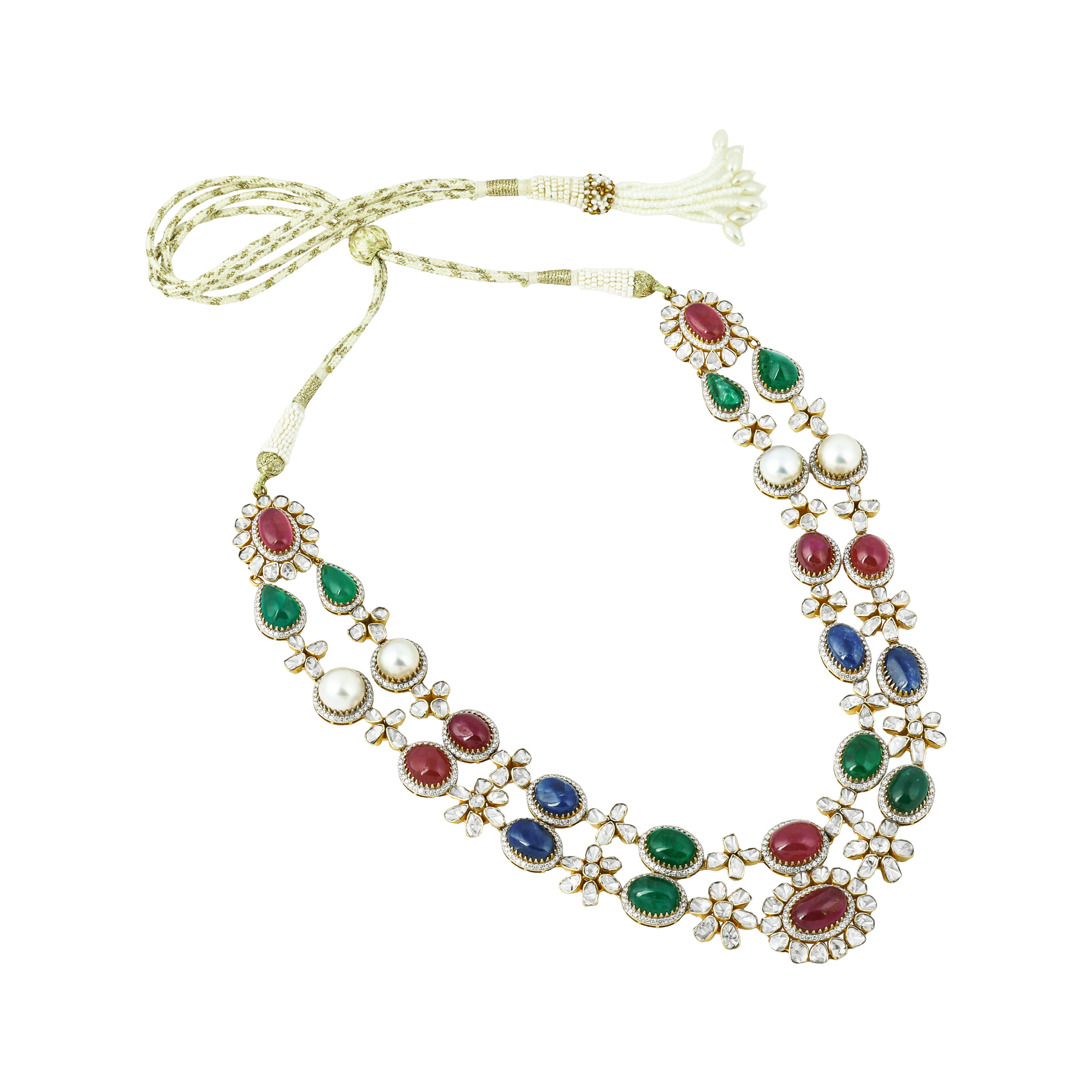 Navratan Necklace Set with Open Polki and Floral Motifs