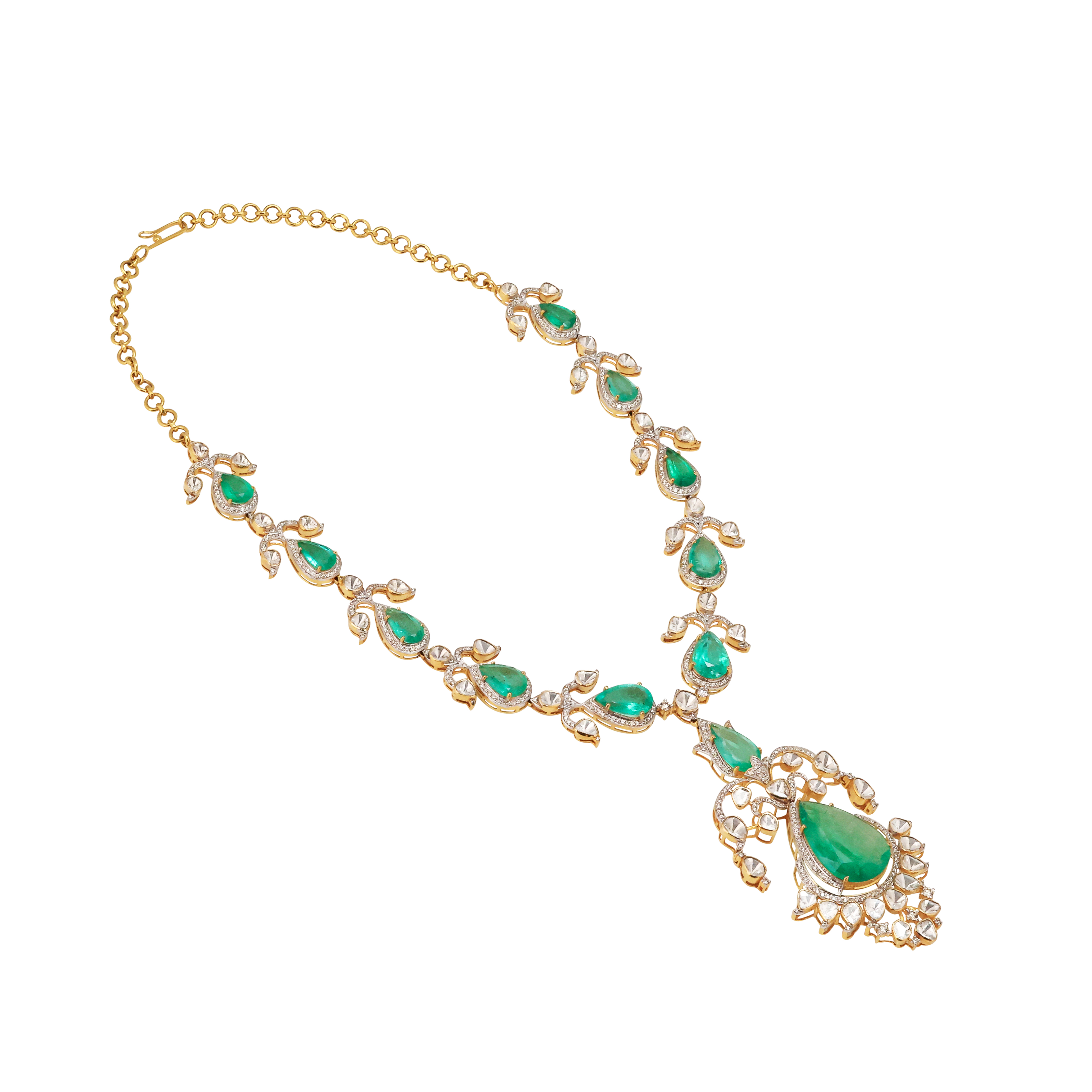 Pear Emerald Necklace Set with Diamond and Polki Detailing