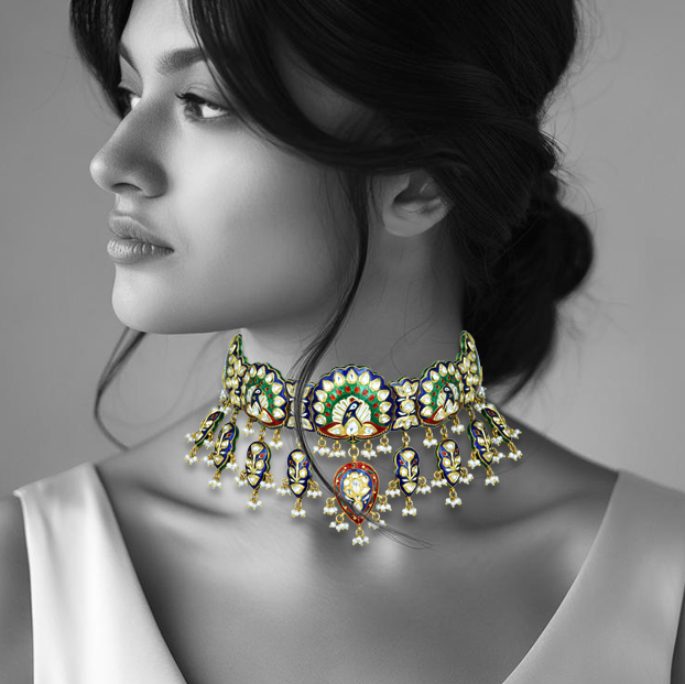 Peacock Motif Choker with Polkis and Enamel Detailing