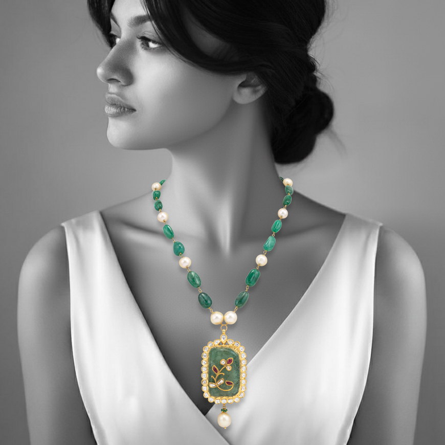 Emerald and Pearl Necklace with Ruby Floral Inlay