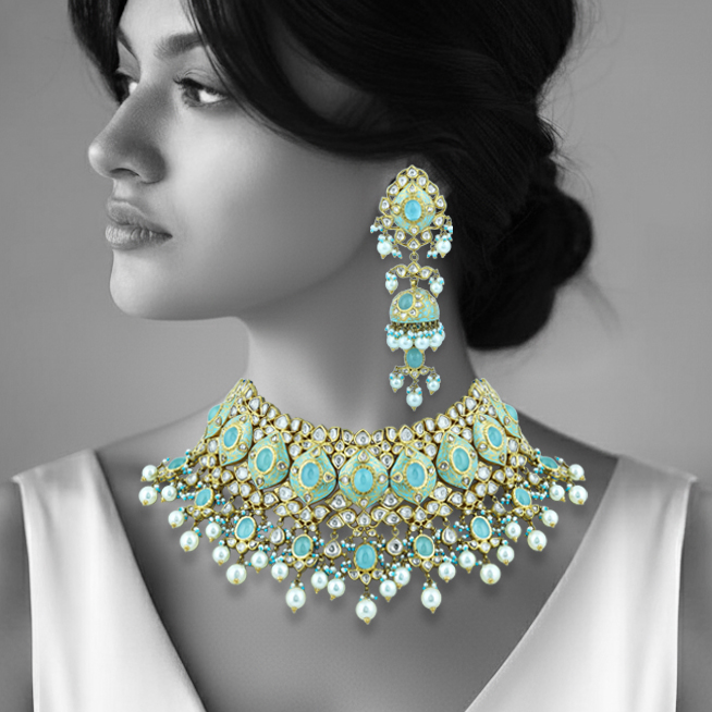 Turquoise Enamel Choker Set with Teardrop Polki and Pearl Clusters