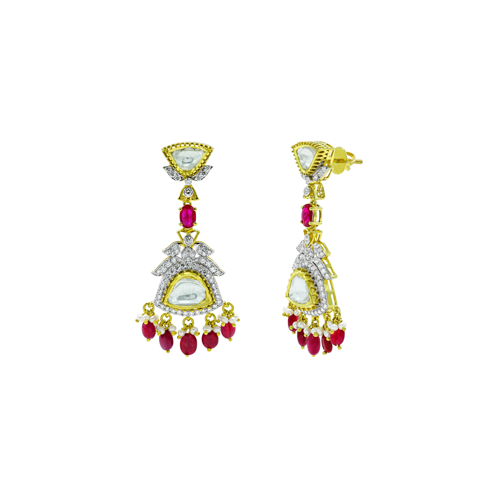 Ruby and Polki Earrings with Full-Cut Diamonds and Drops