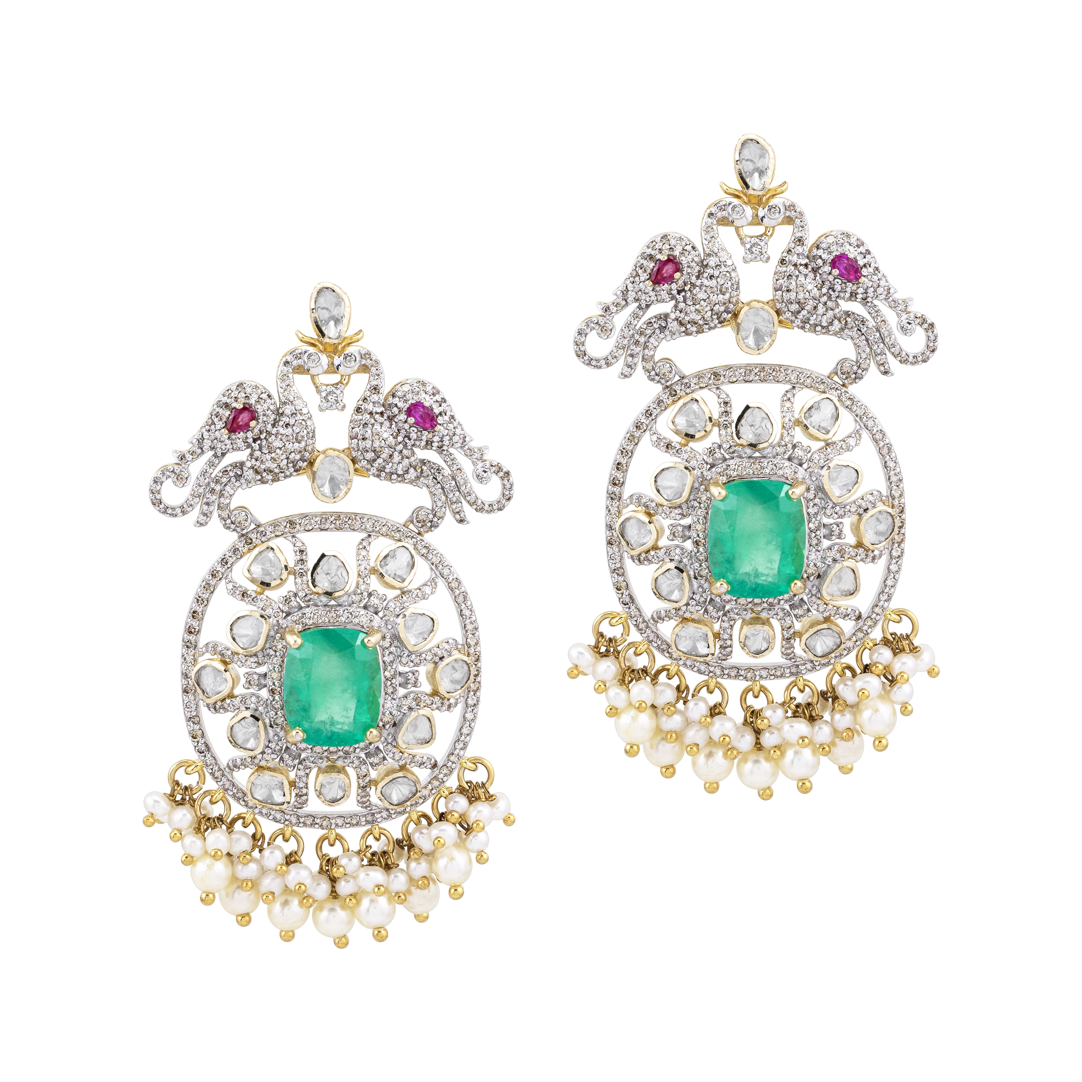 Emerald Cutstone Earrings with Twin Peacock