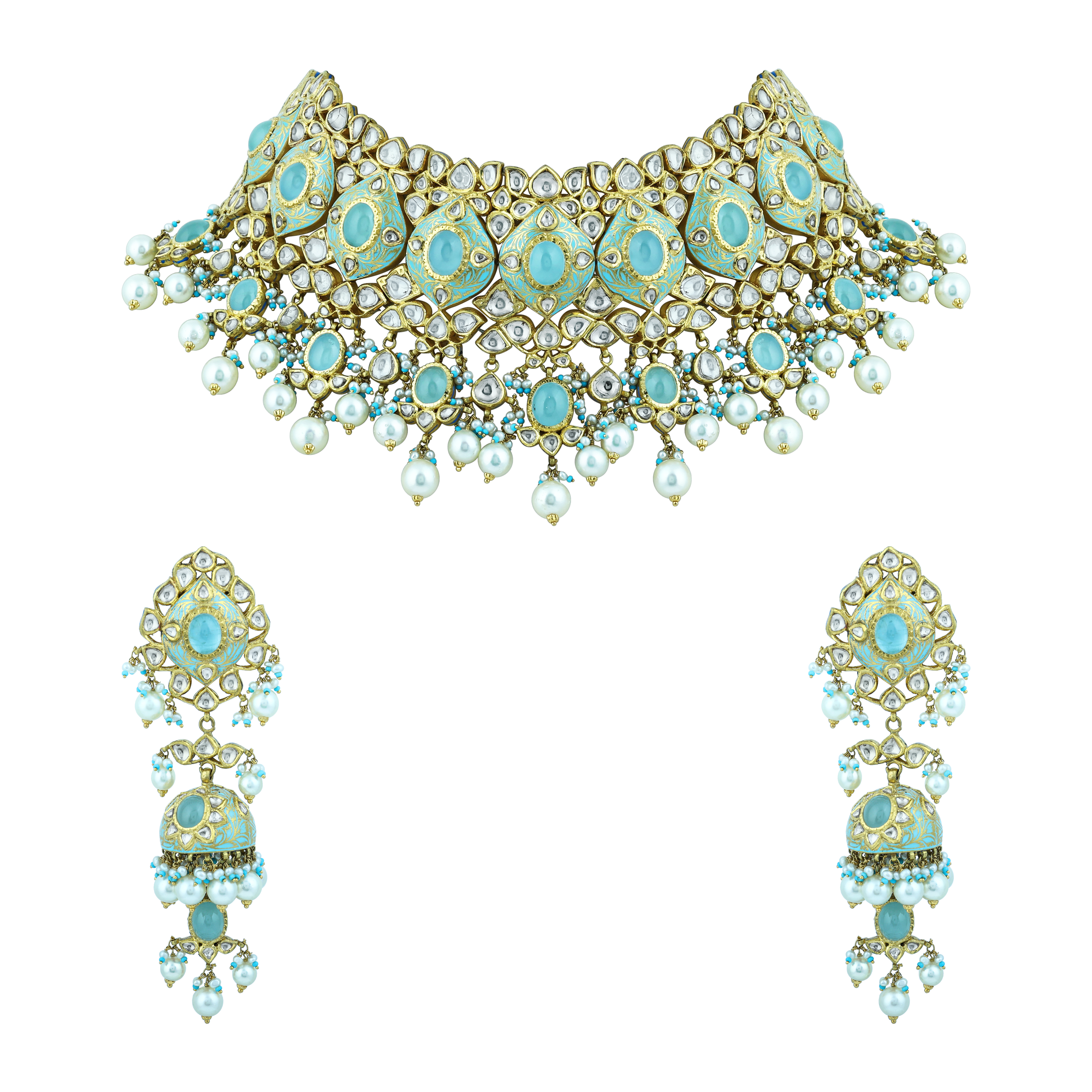 Turquoise Enamel Choker Set with Teardrop Polki and Pearl Clusters