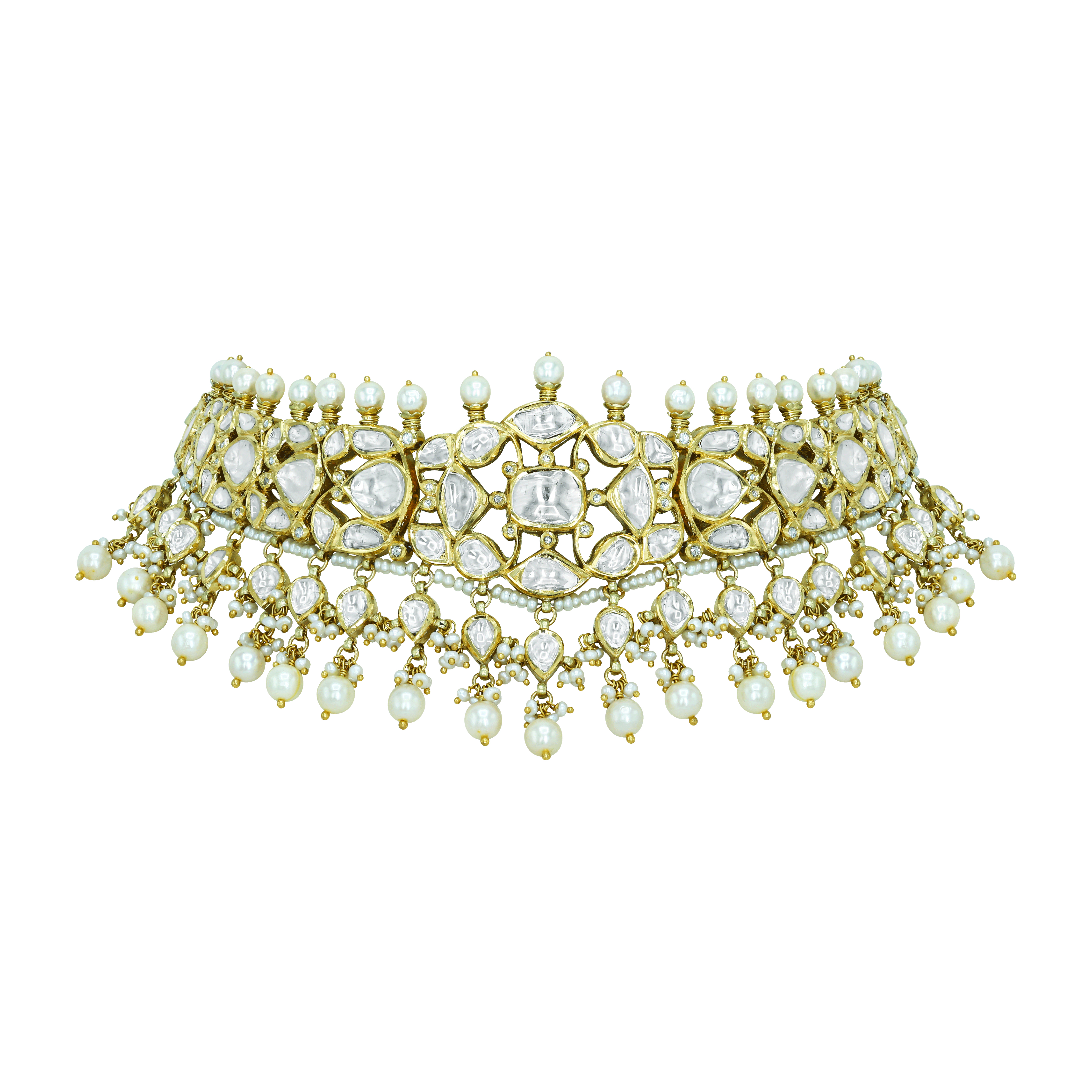 Ivory Polki Choker Set with Pearl Clusters