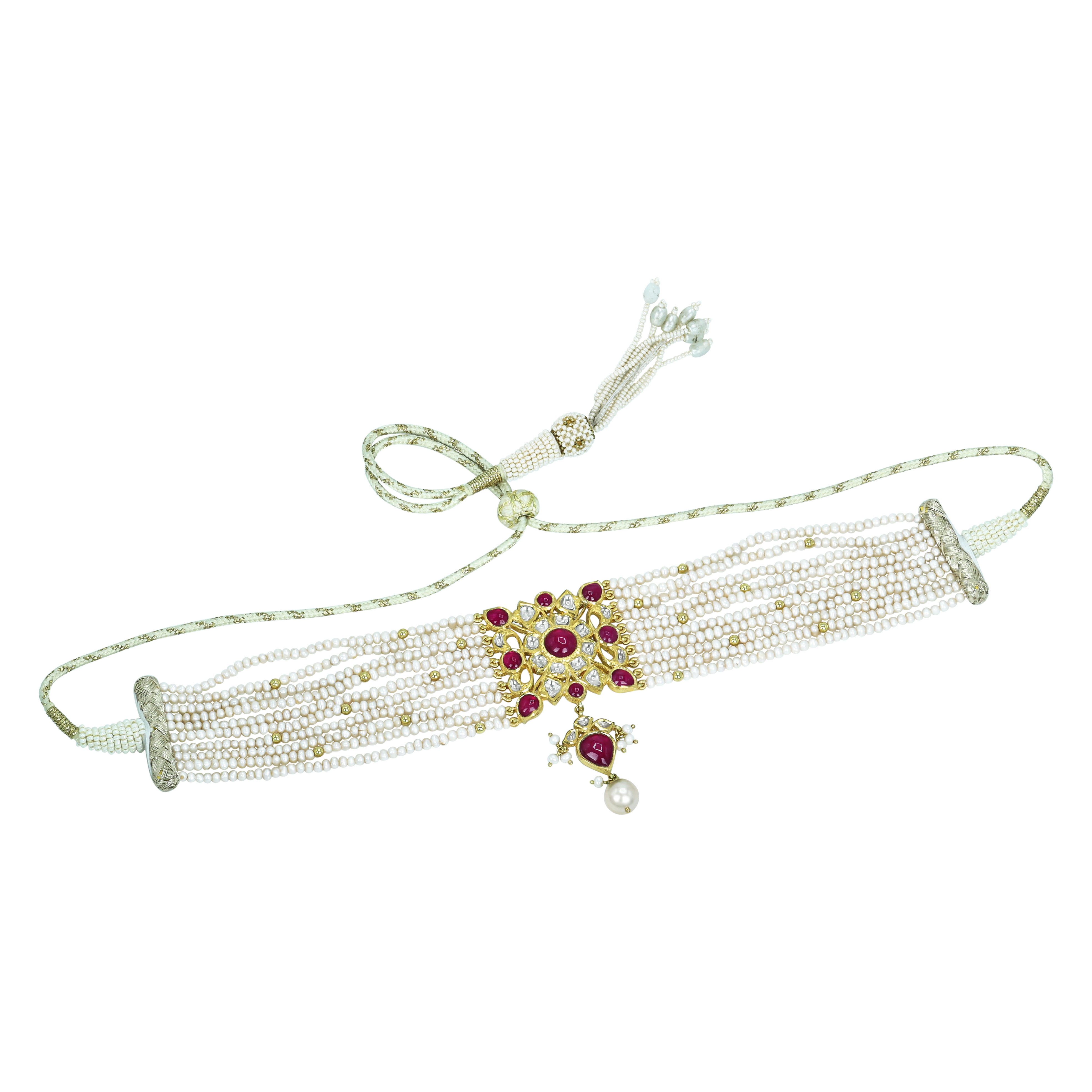Pearl Strand Choker Set with Ruby, Polki Floral Motif, and Pearl Drop