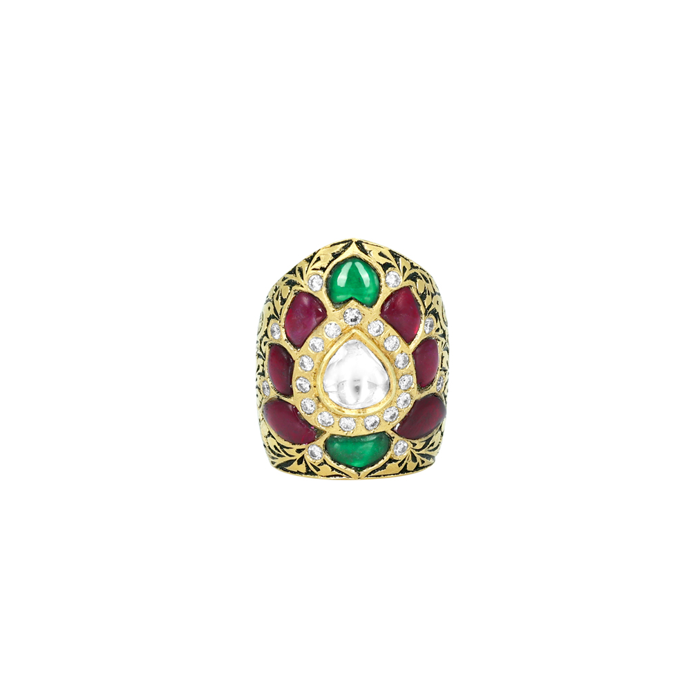 Polki Statement Ring with Red-Green Gemstones and Floral Gold