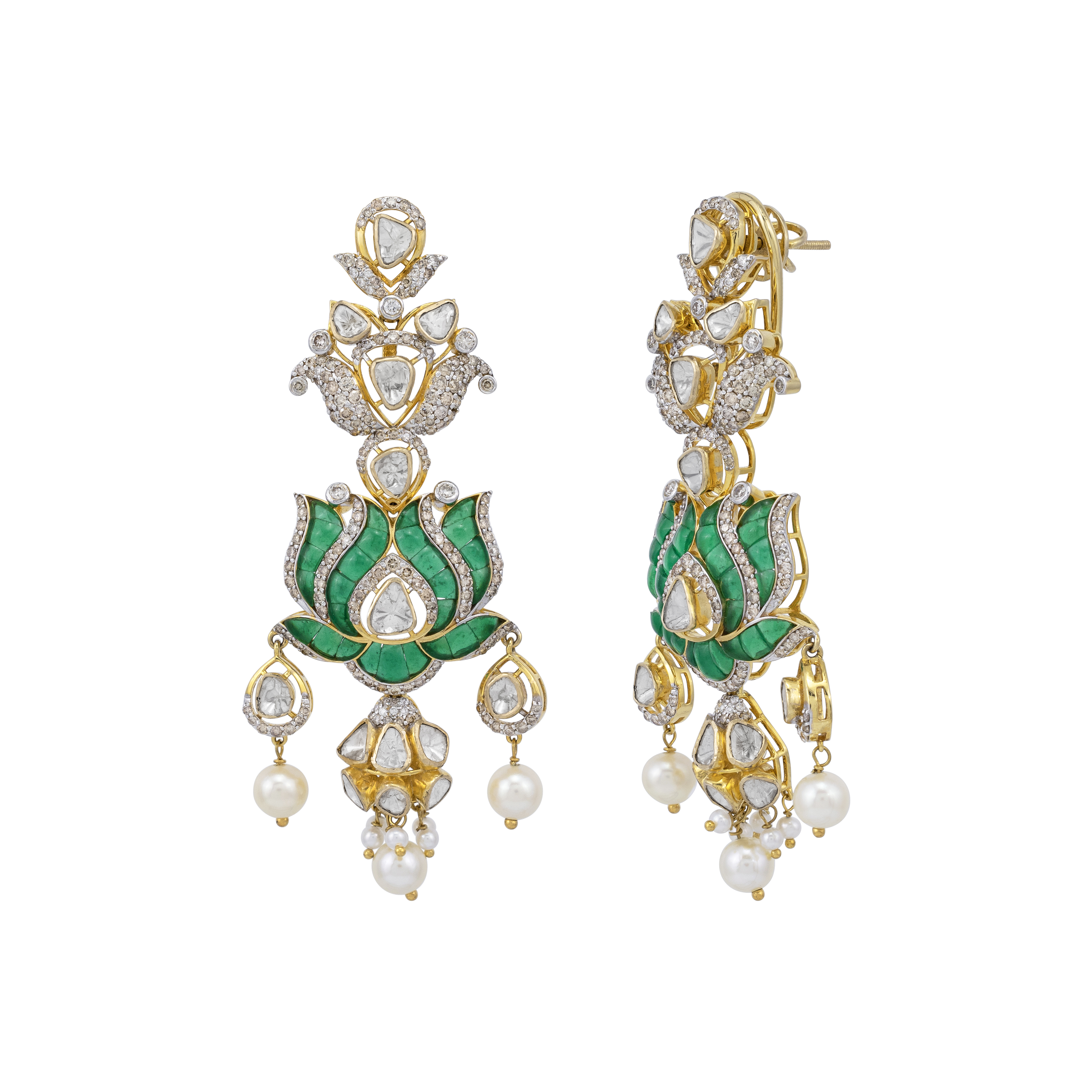 Polki Lotus Danglers with Japanese Pearl Drops