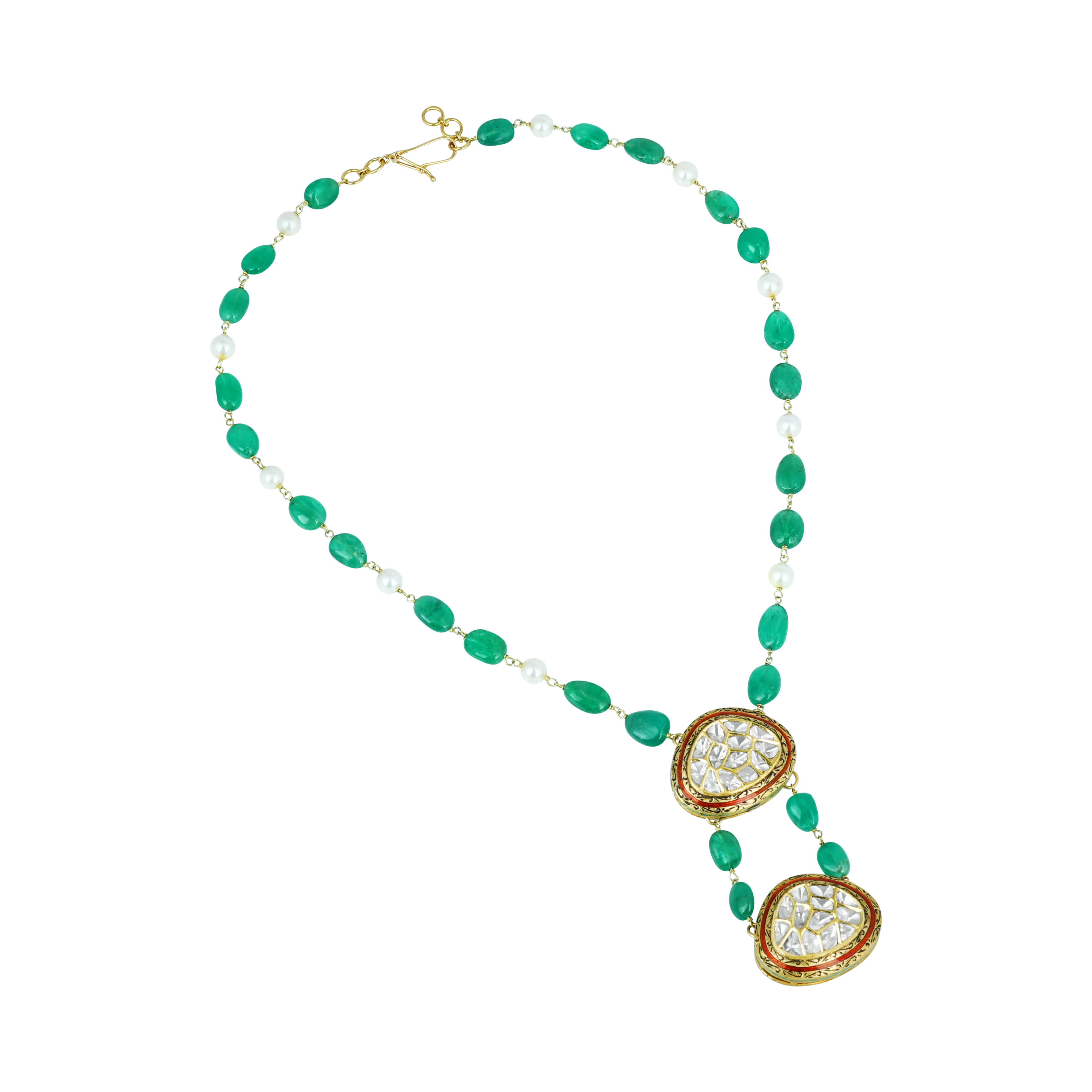 Emerald and Pearl Necklace with Dual Polki Pendants