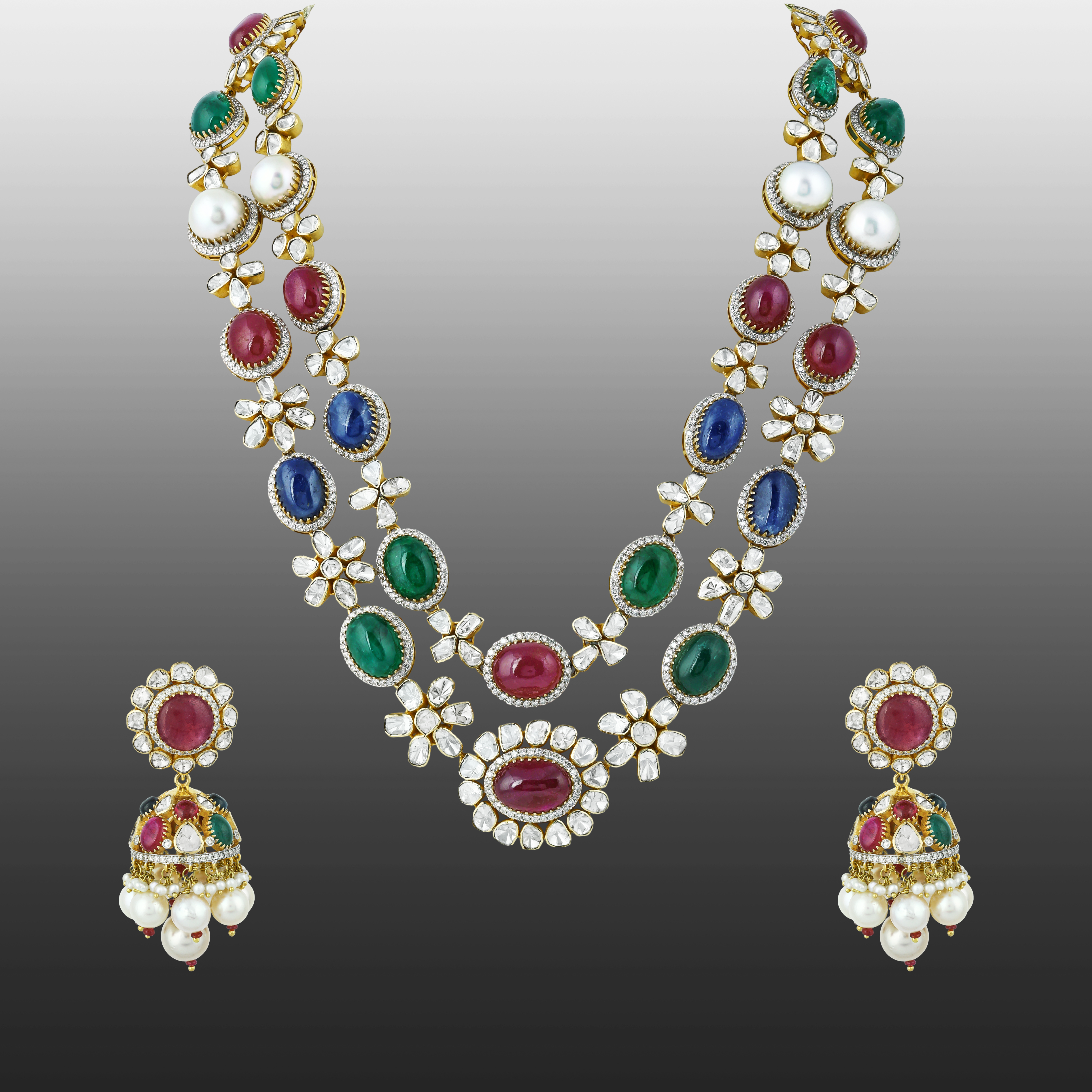 Navratan Necklace Set with Open Polki and Floral Motifs