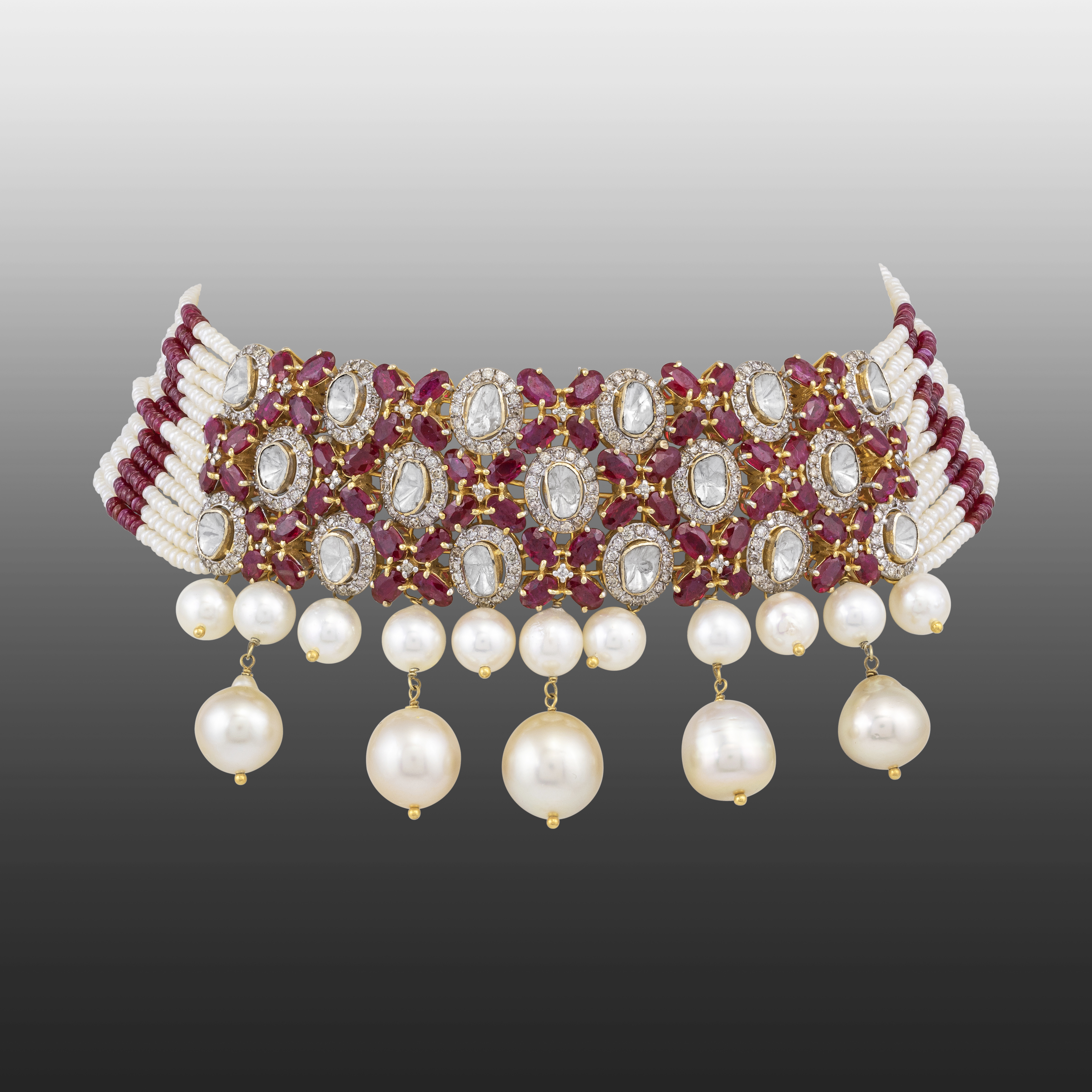 Ruby and Polki Choker with Pearl Strands